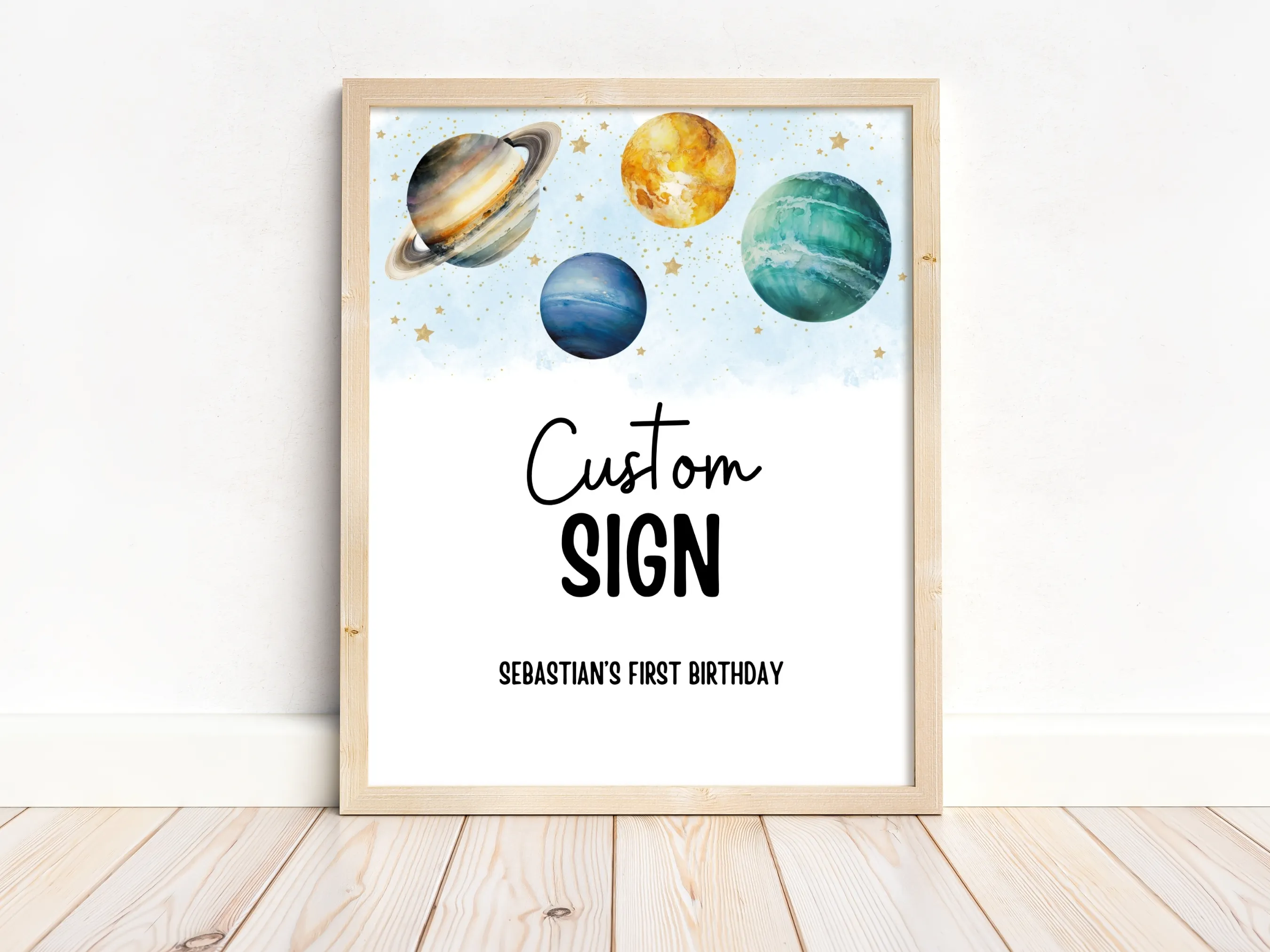 Outer space custom birthday sign with planets theme, customizable cards and gifts or cookie table sign, editable Canva template by fllcdesigns
