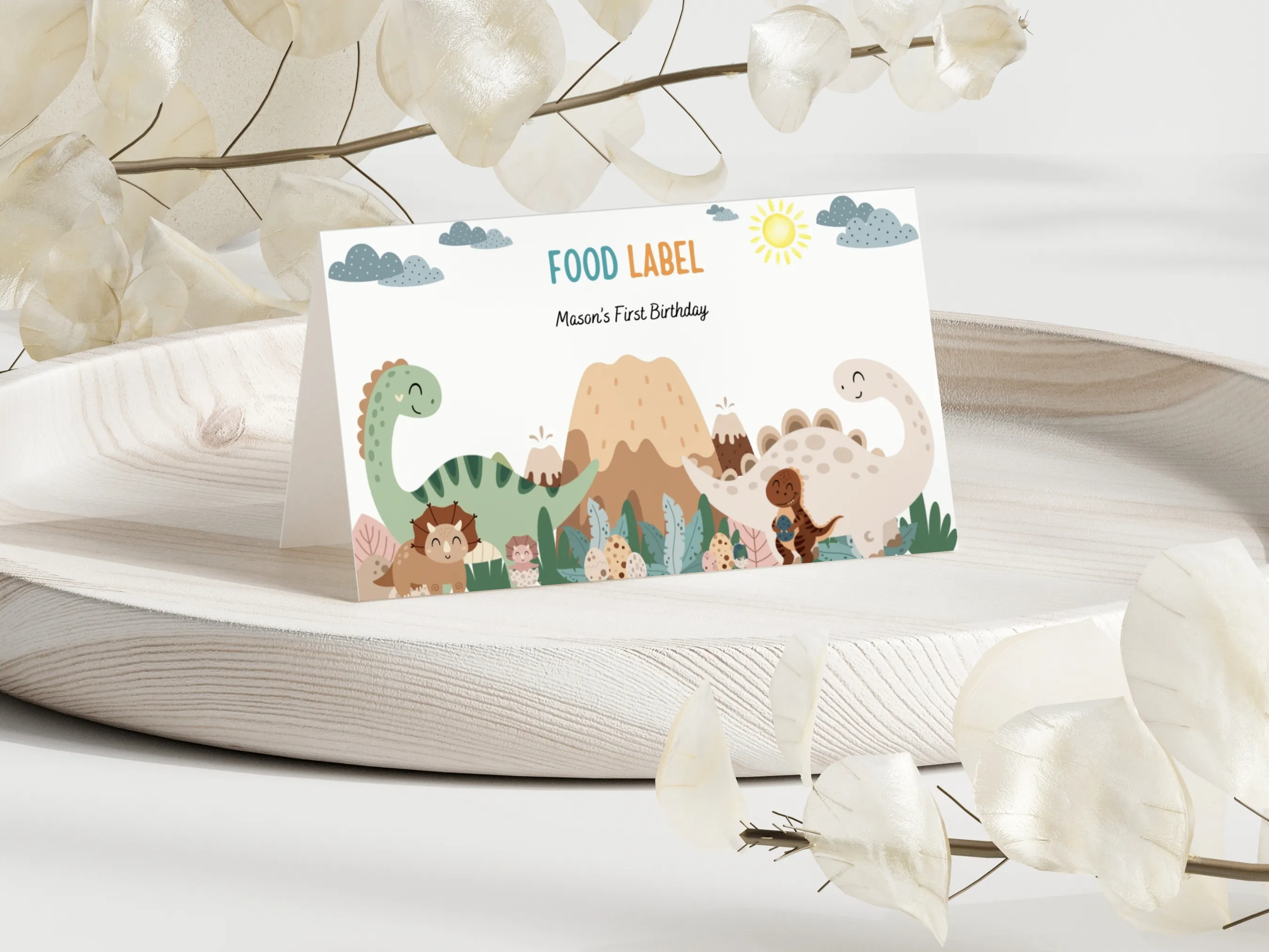 Baby boy dinosaur birthday food tent cards with blue dino design, editable name tags and table labels by fllcdesigns