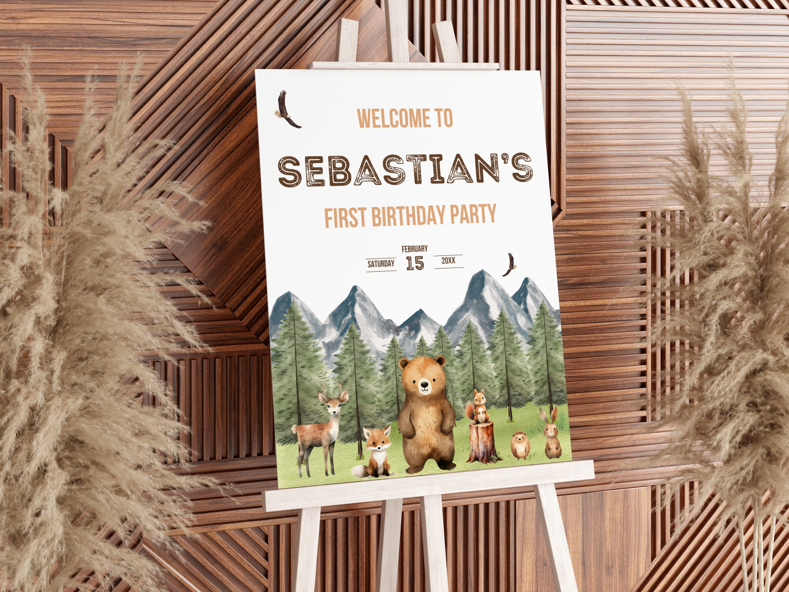 Woodland first birthday welcome sign with forest animals, greenery and rustic Wild One theme, editable Canva template by fllcdesigns