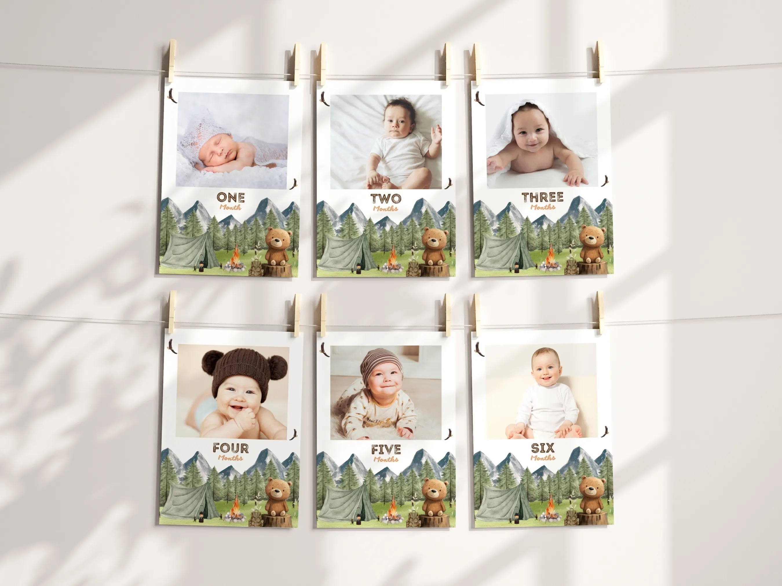 One Happy Camper baby photo banner with woodland birthday milestone banner theme, editable Canva template for personalized outdoor adventure decorations, digital download.