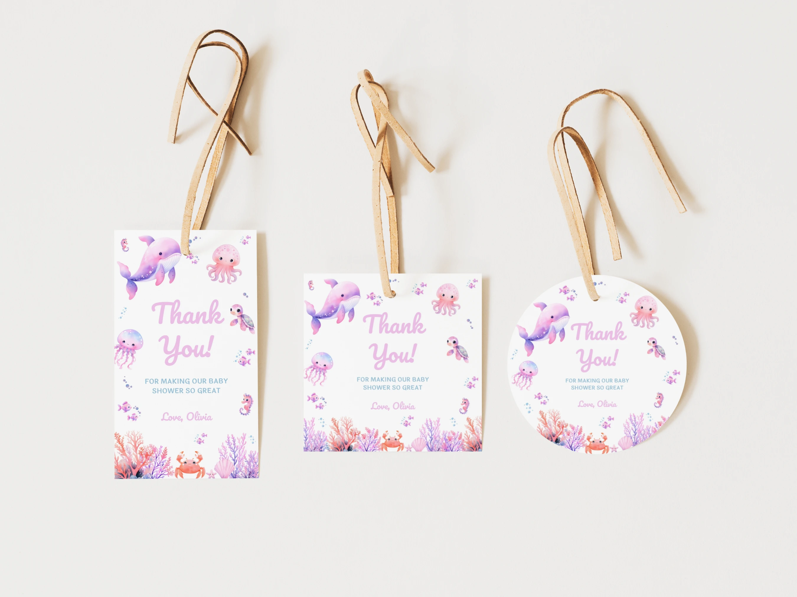 under the sea baby shower thank you tags ocean animals baby girl favors canva template digital download, ocean animals baby shower favor tags under the sea baby girl decorations canva template
