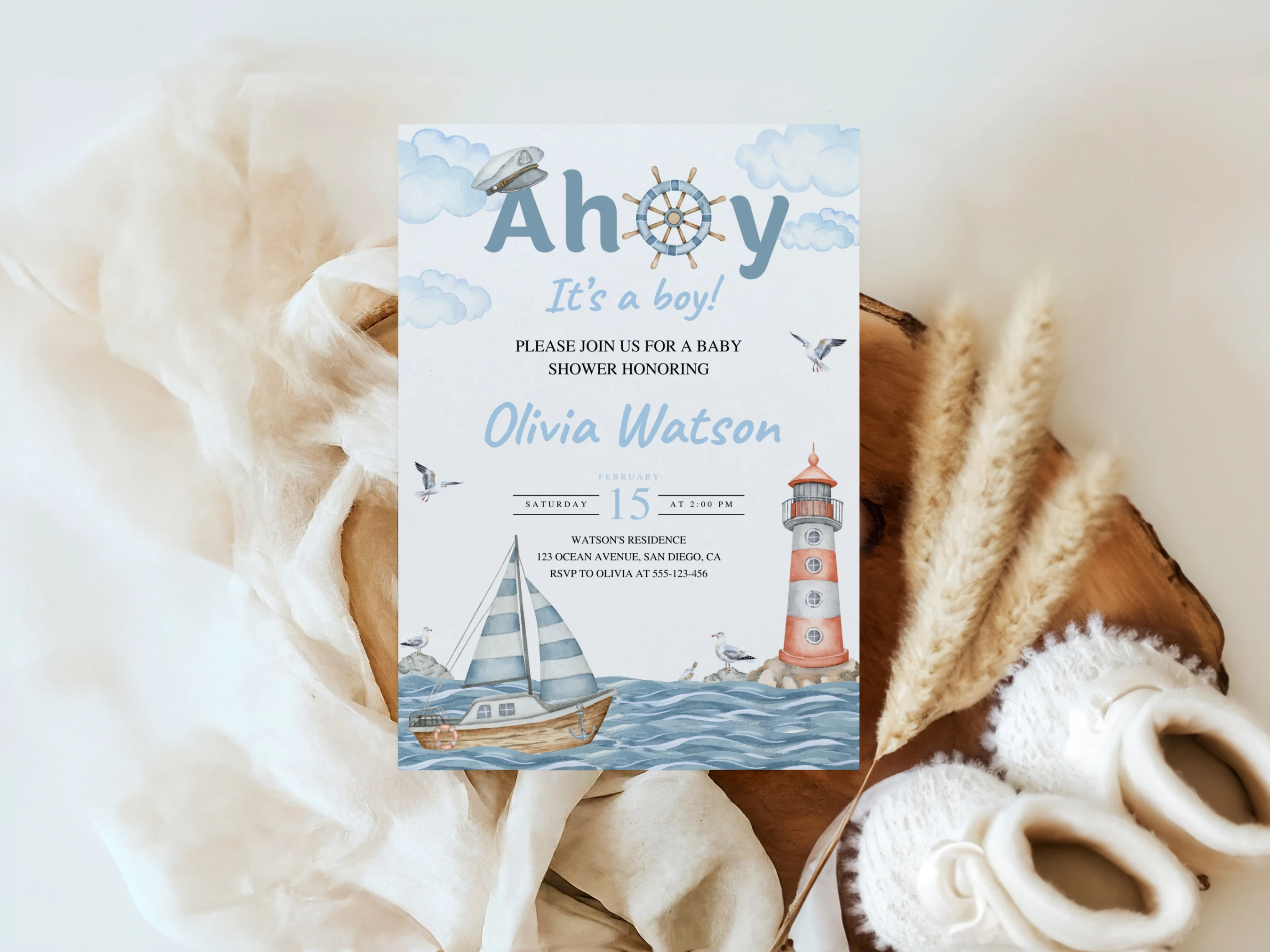 Nautical Baby Shower Invitation Set | Ahoy It's a Boy Blue Starter Pack For Baby Boy | Editable Canva Template | Digital Download