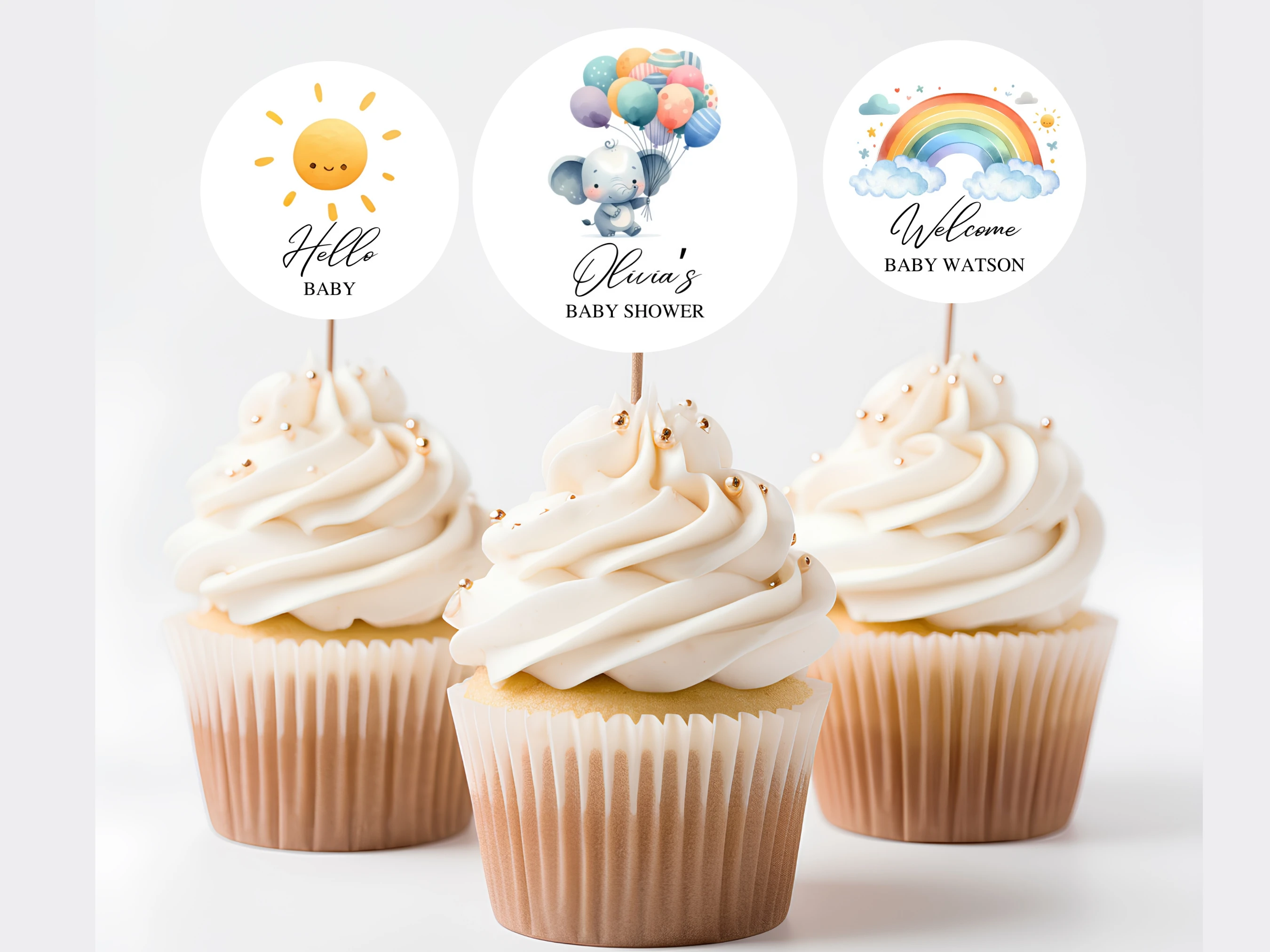 elephant baby shower cupcake toppers little peanut rainbow balloon decor canva template digital download, little peanut elephant baby shower cupcake topper rainbow balloon baby shower decorations canva template