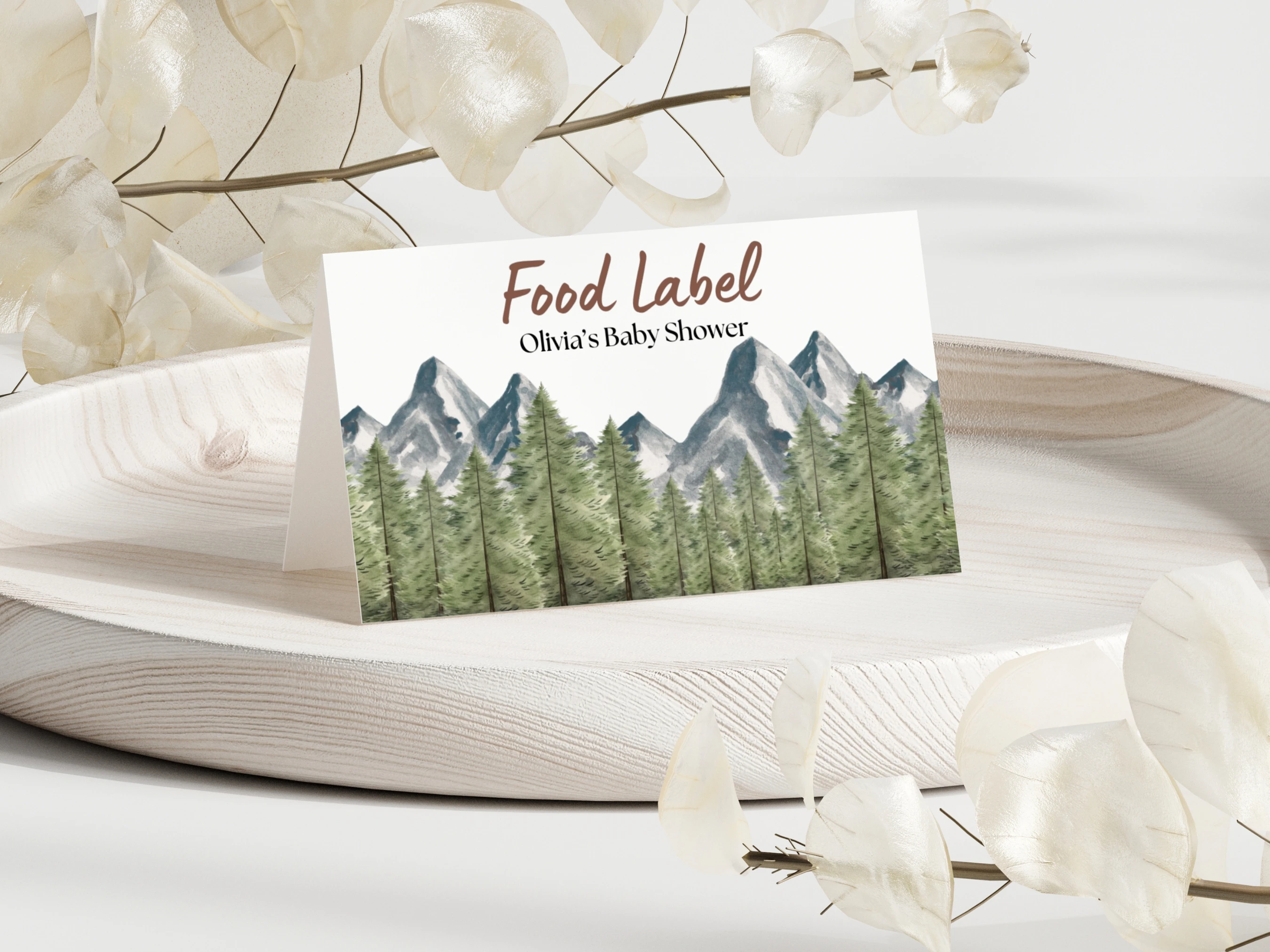 adventure awaits baby shower place cards woodland forest mountain seating cards canva template digital download, woodland baby shower seating cards forest decorations canva template