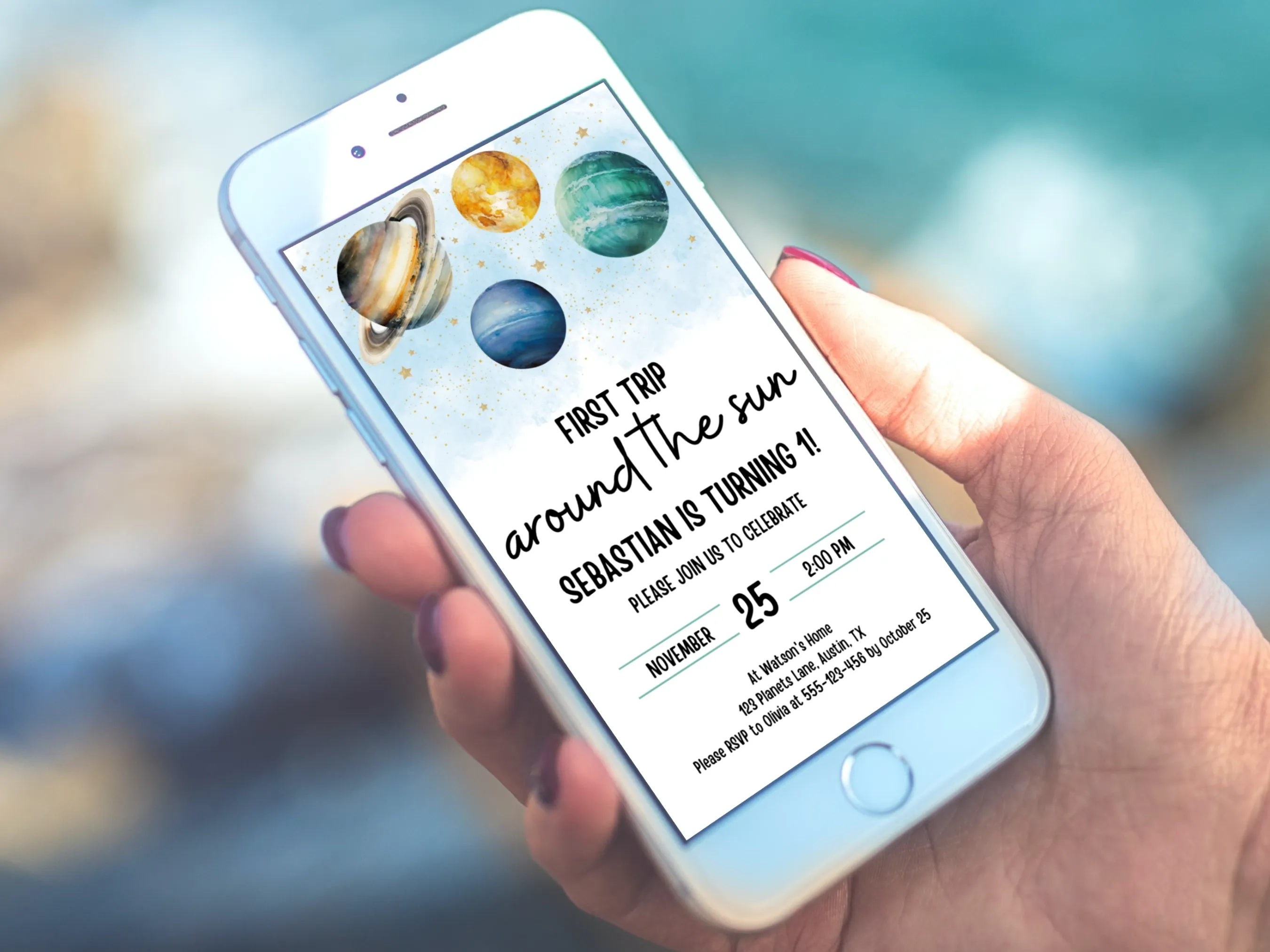 First Trip Around the Sun Birthday Mobile Invitation | Outer Space Evite | Editable Canva Template | Digital Download