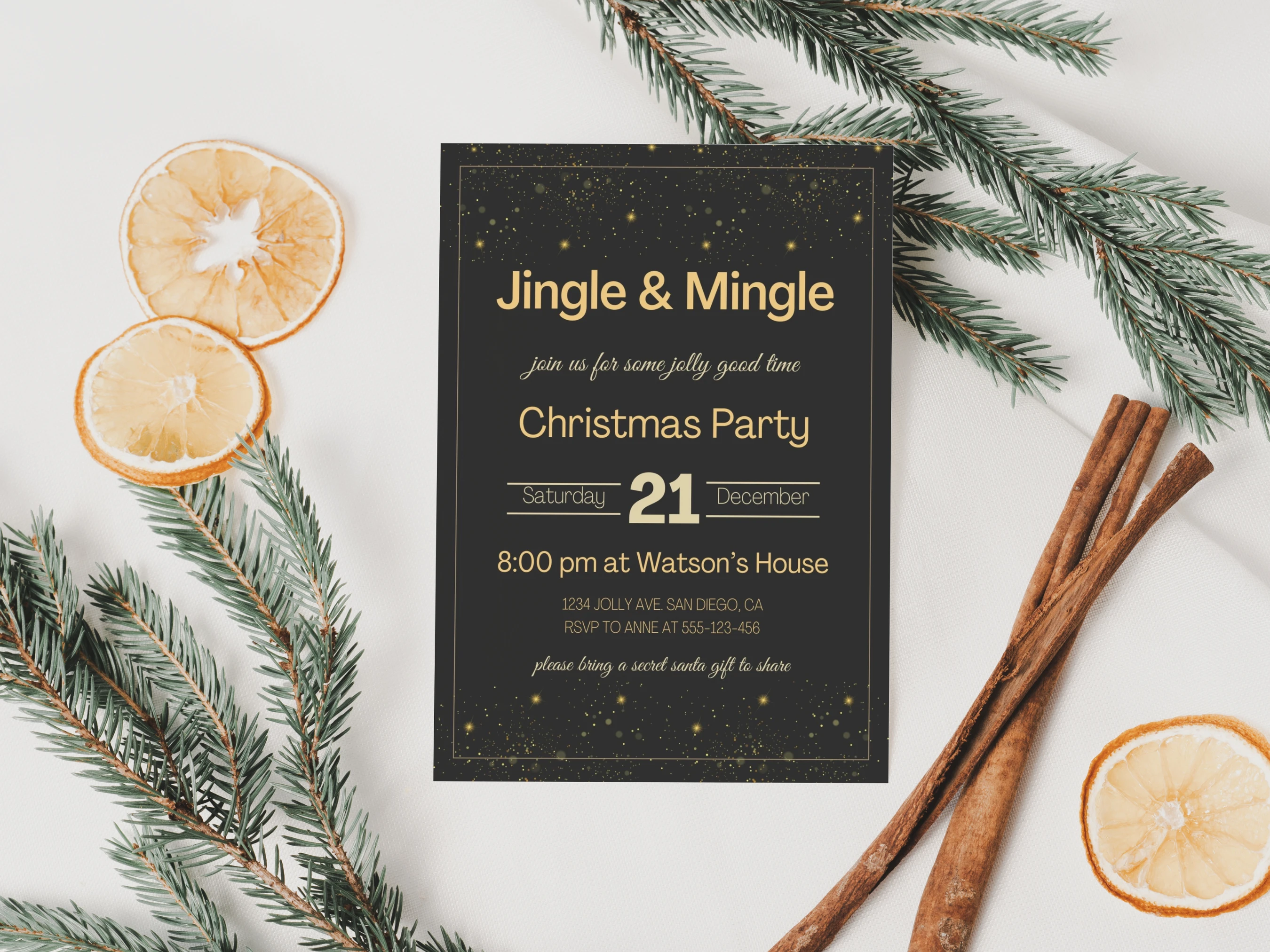 Black and Gold Christmas Party Invitation Template with elegant holiday design, modern gold typography, dark background, and editable Canva invitation for a stylish Christmas celebration.