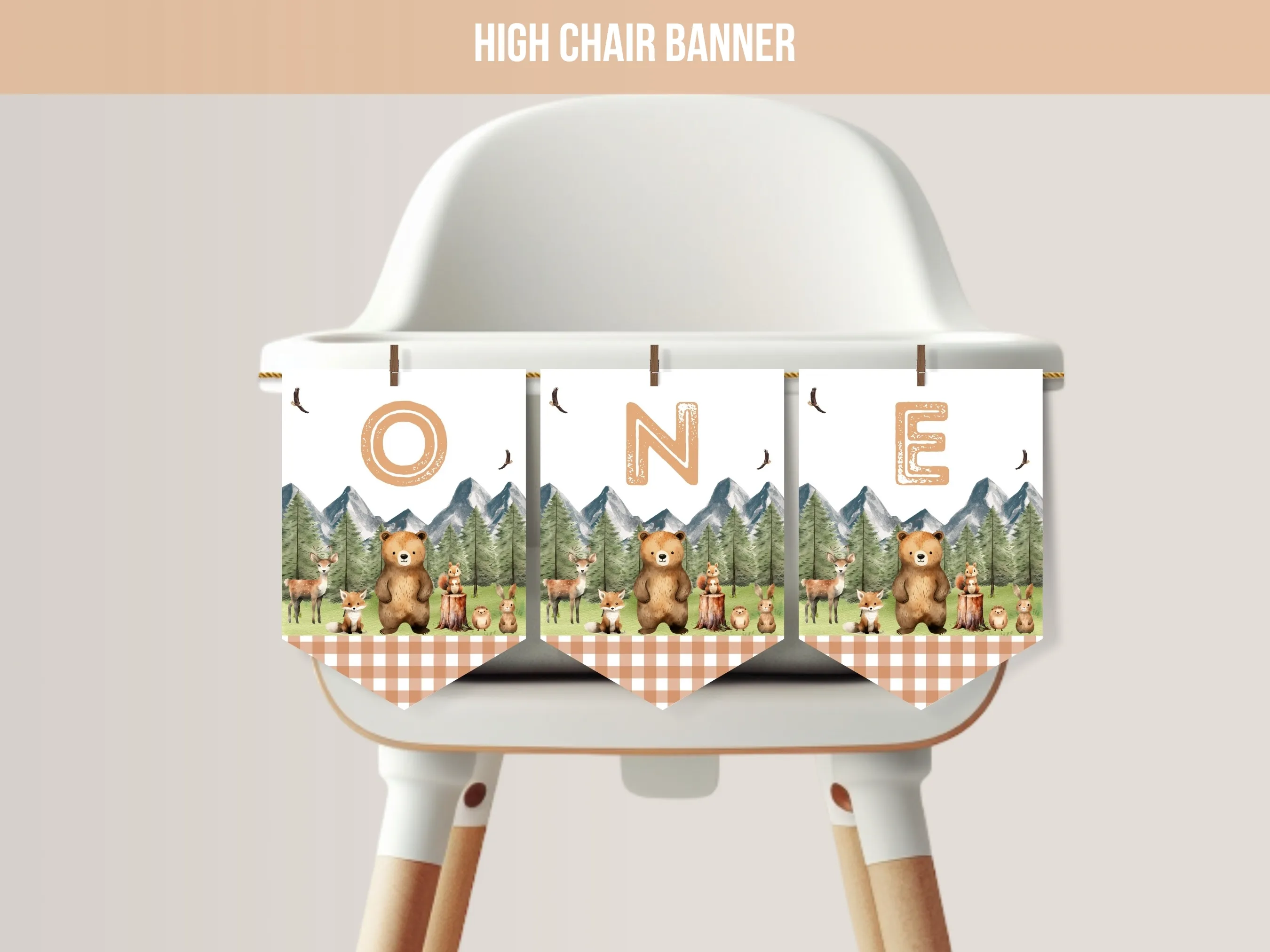 Woodland high chair banner with forest animals and ONE lettering for a Wild One birthday, editable Canva template digital download by fllcdesigns