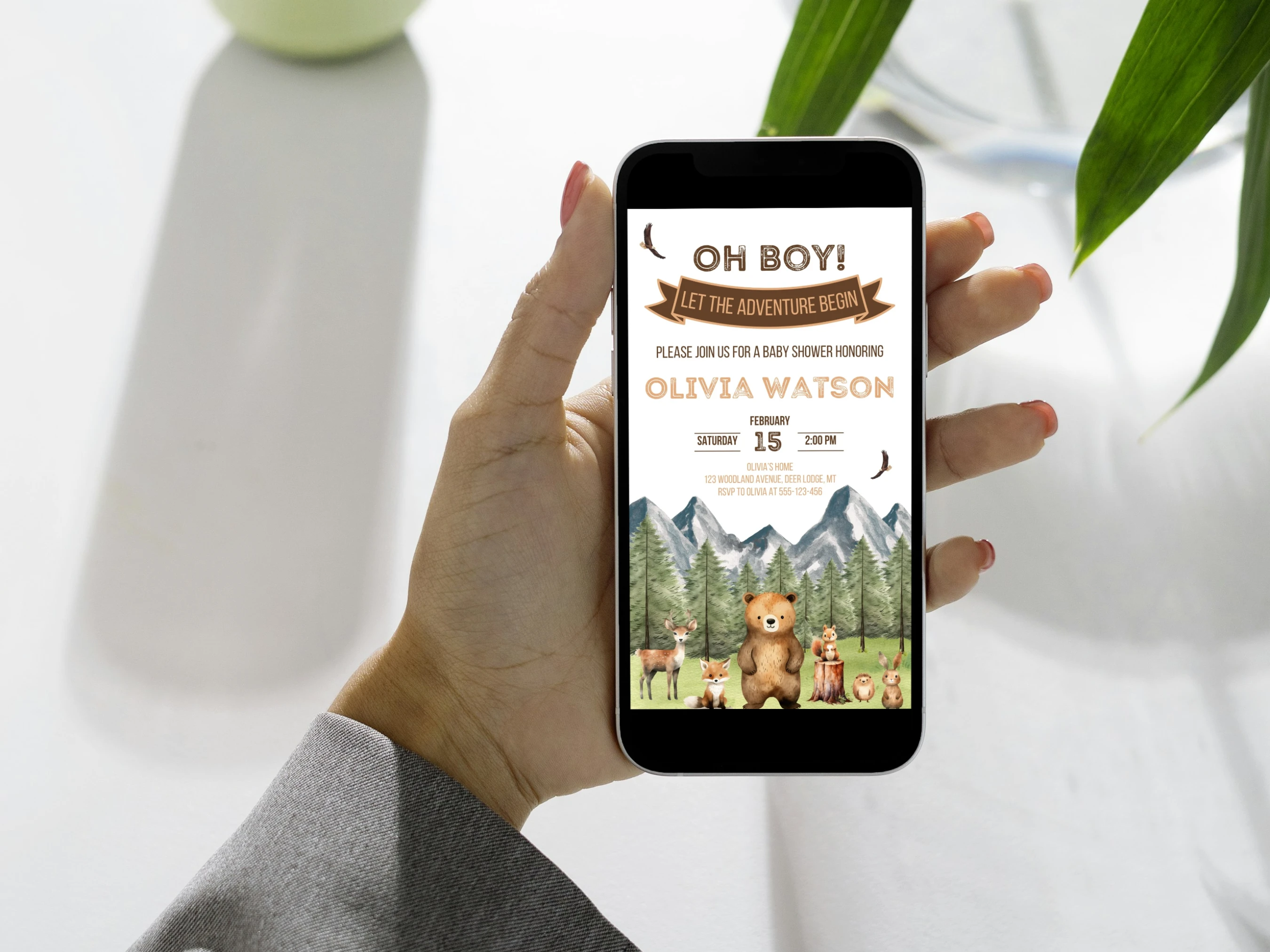 Woodland Baby Shower Mobile Invitation | Let The Adventure Begin Baby Shower Digital Invite | Brown Bear and Forest Animals Baby Shower Party | Editable Canva Template | Digital Download