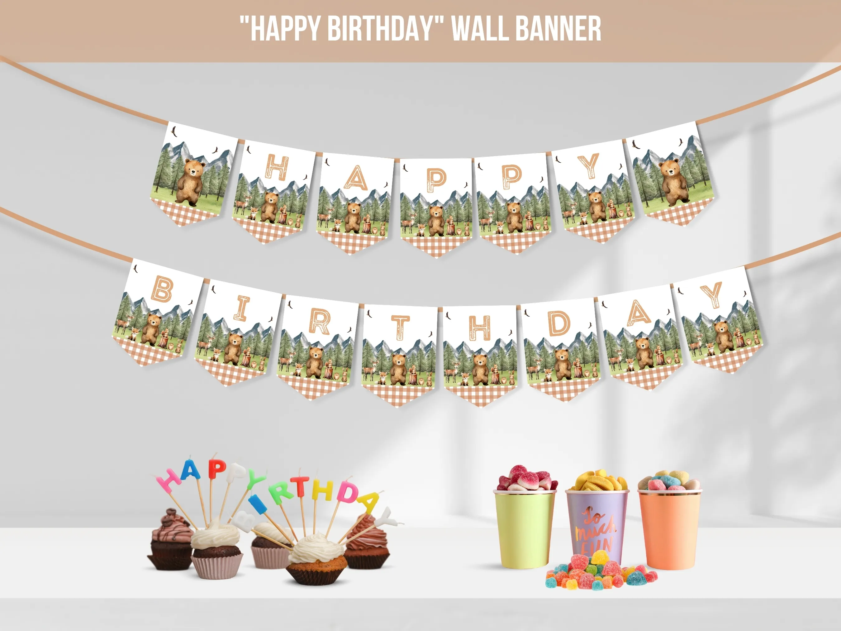 Woodland Happy Birthday banner with forest animal theme, customizable birthday bunting and wall banner for a 1st birthday boy, editable Canva template by fllcdesigns