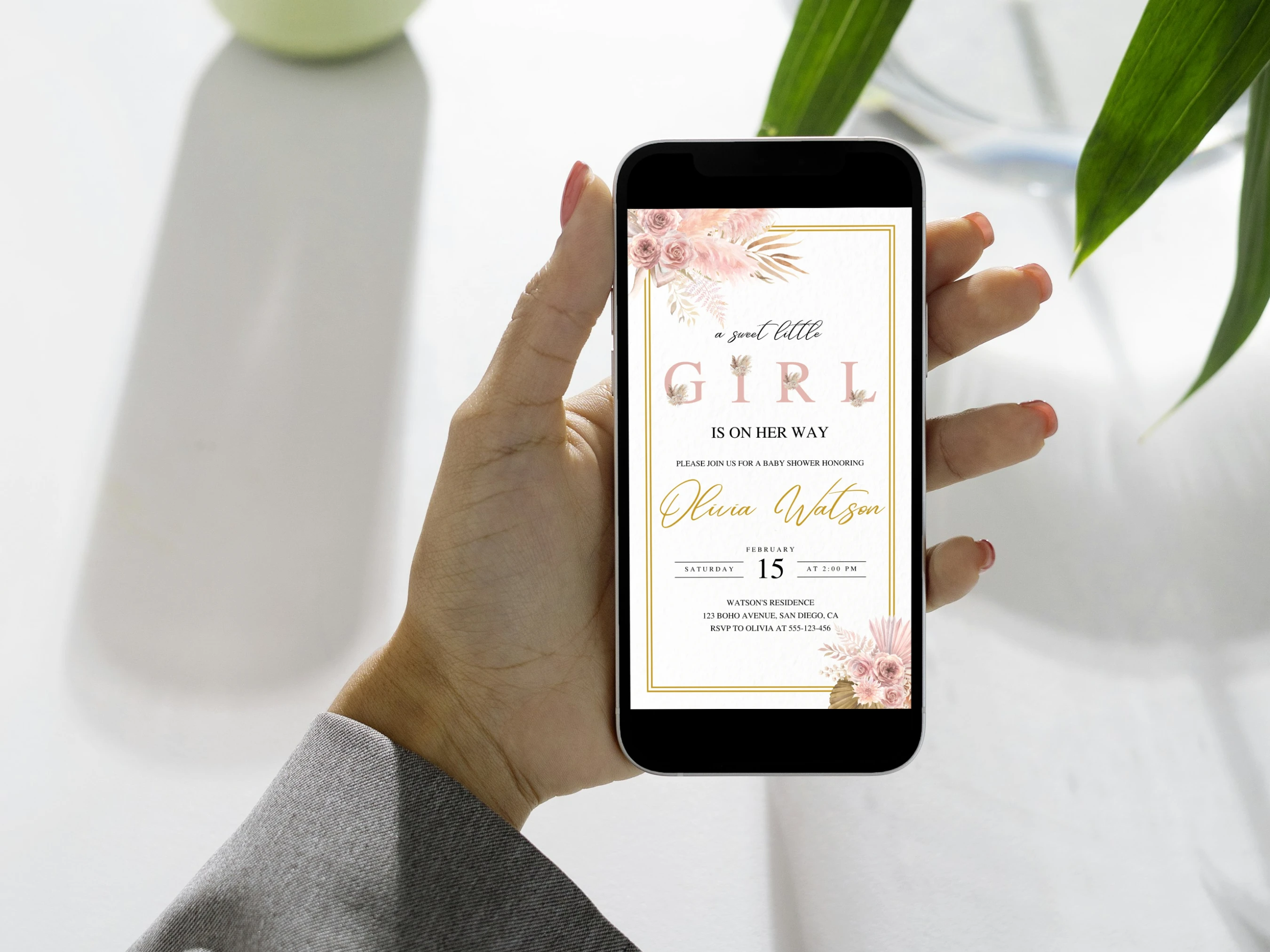 Boho Baby Shower Mobile Invitation | Pampas Grass Girl Baby Shower Digital Invite | Pink and Gold Baby Shower Party | Editable Canva Template | Digital Download