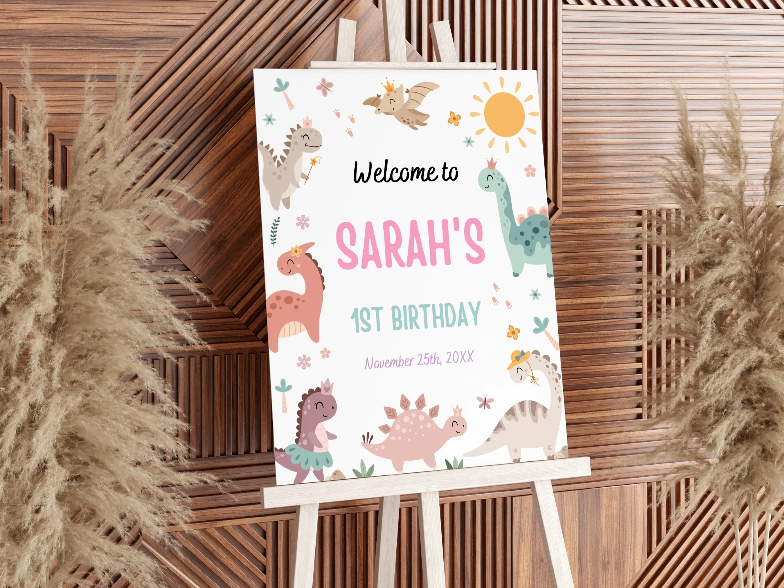 Pink baby dinosaur 1st birthday welcome sign with girl dino party theme, Jurassic birthday entrance poster, editable Canva template, digital download.