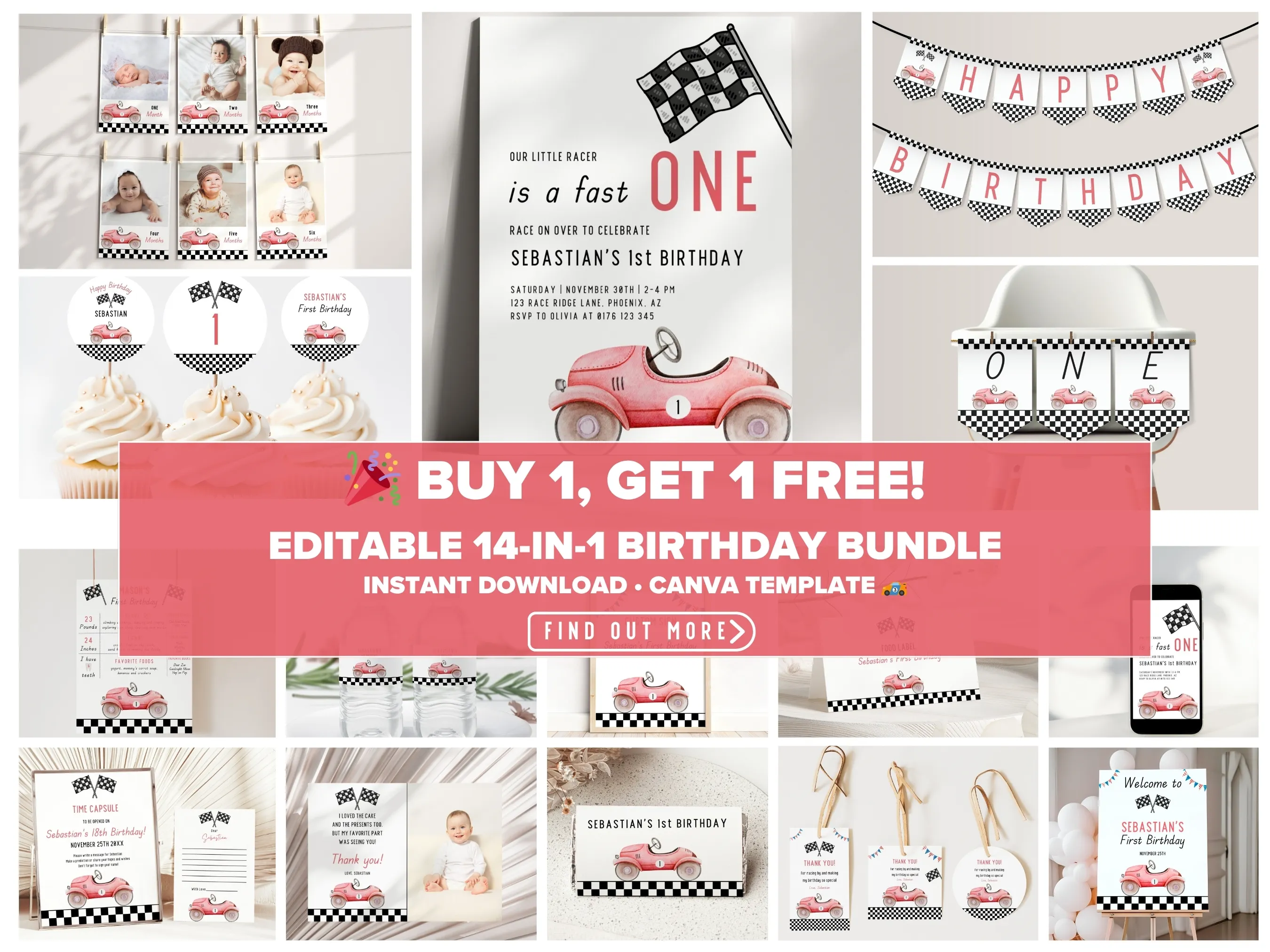Fast One race car birthday bundle — retro red racing car theme editable Canva templates for invitations, signs & decorations (digital download)