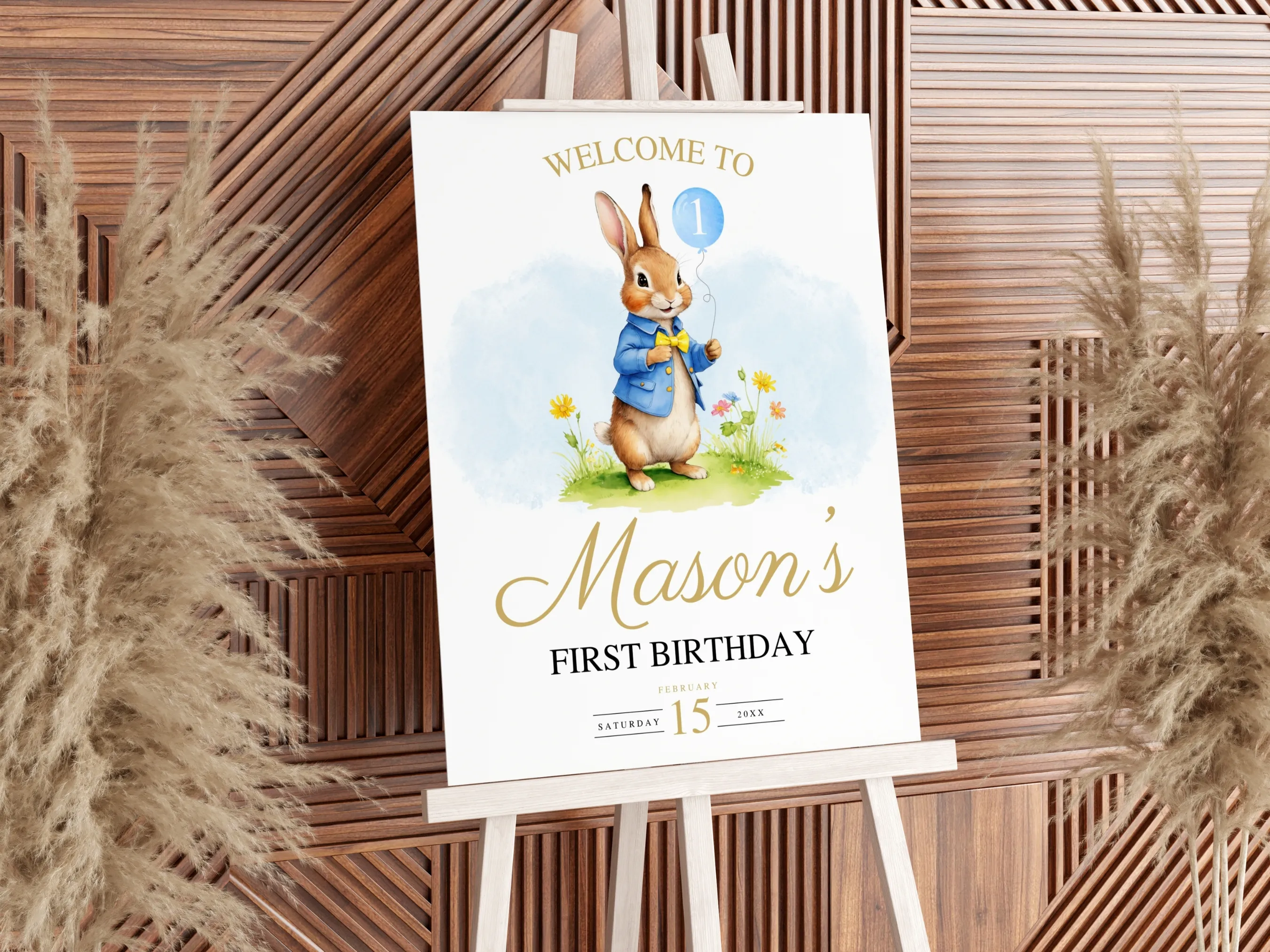 Peter Rabbit birthday welcome sign with Flopsy Bunny party theme, 1st birthday entrance poster in editable Canva template digital download.