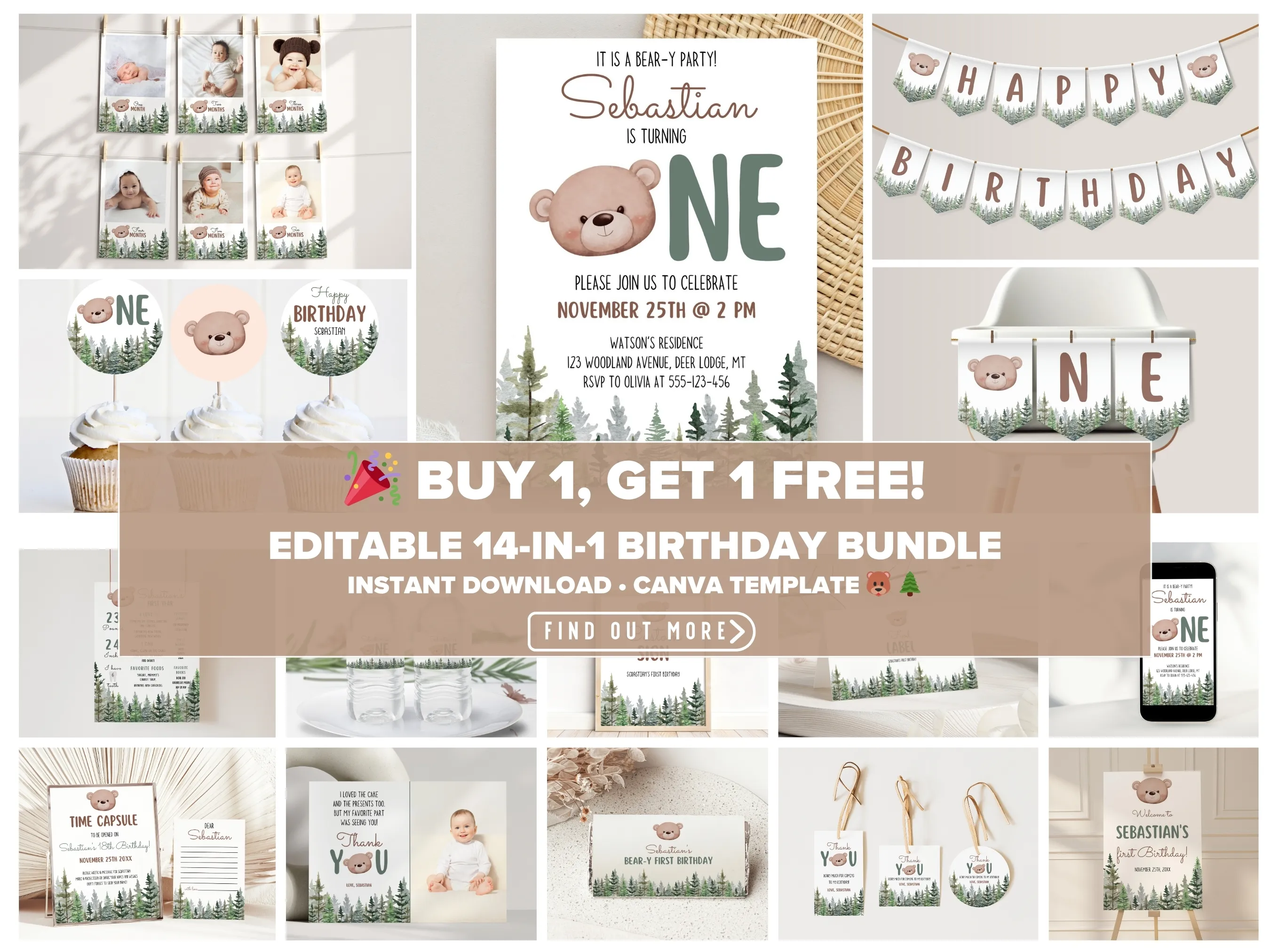 Bear Woodland birthday theme editable Canva templates digital download by fllcdesigns