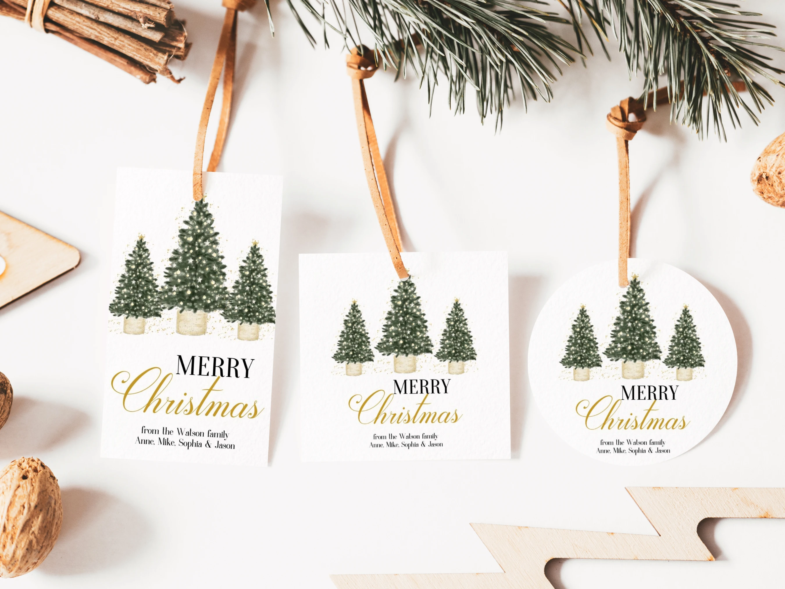 Green and Gold Christmas Tree gift tags with golden glitter details in round, square and rectangular shapes, editable Canva holiday favor labels in 2.2 × 2.2 and 2 × 3.5 inch sizes