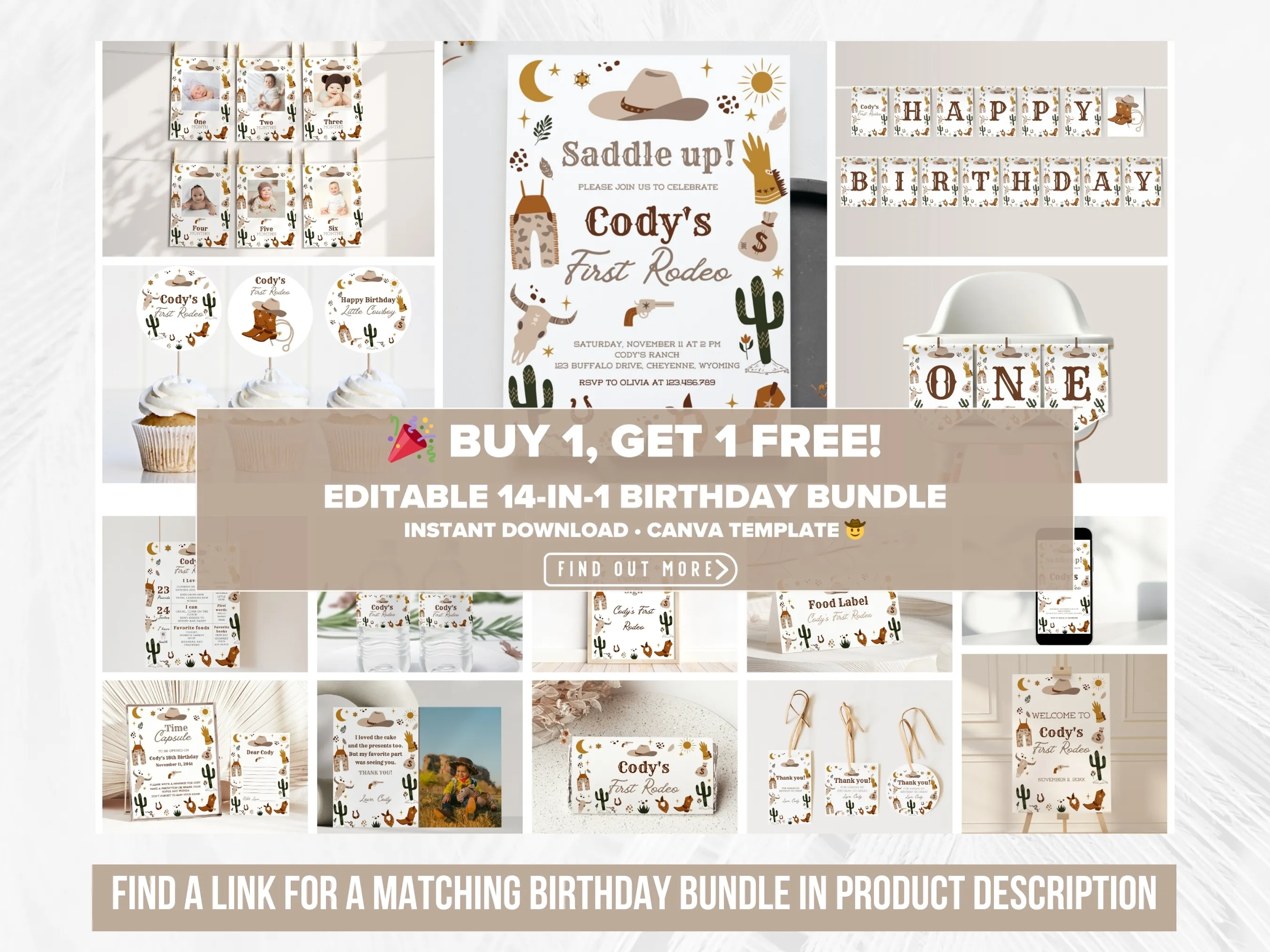 My First Rodeo Birthday Invitation | Wild West Cowboy Party | Editable Canva Template | Digital Download