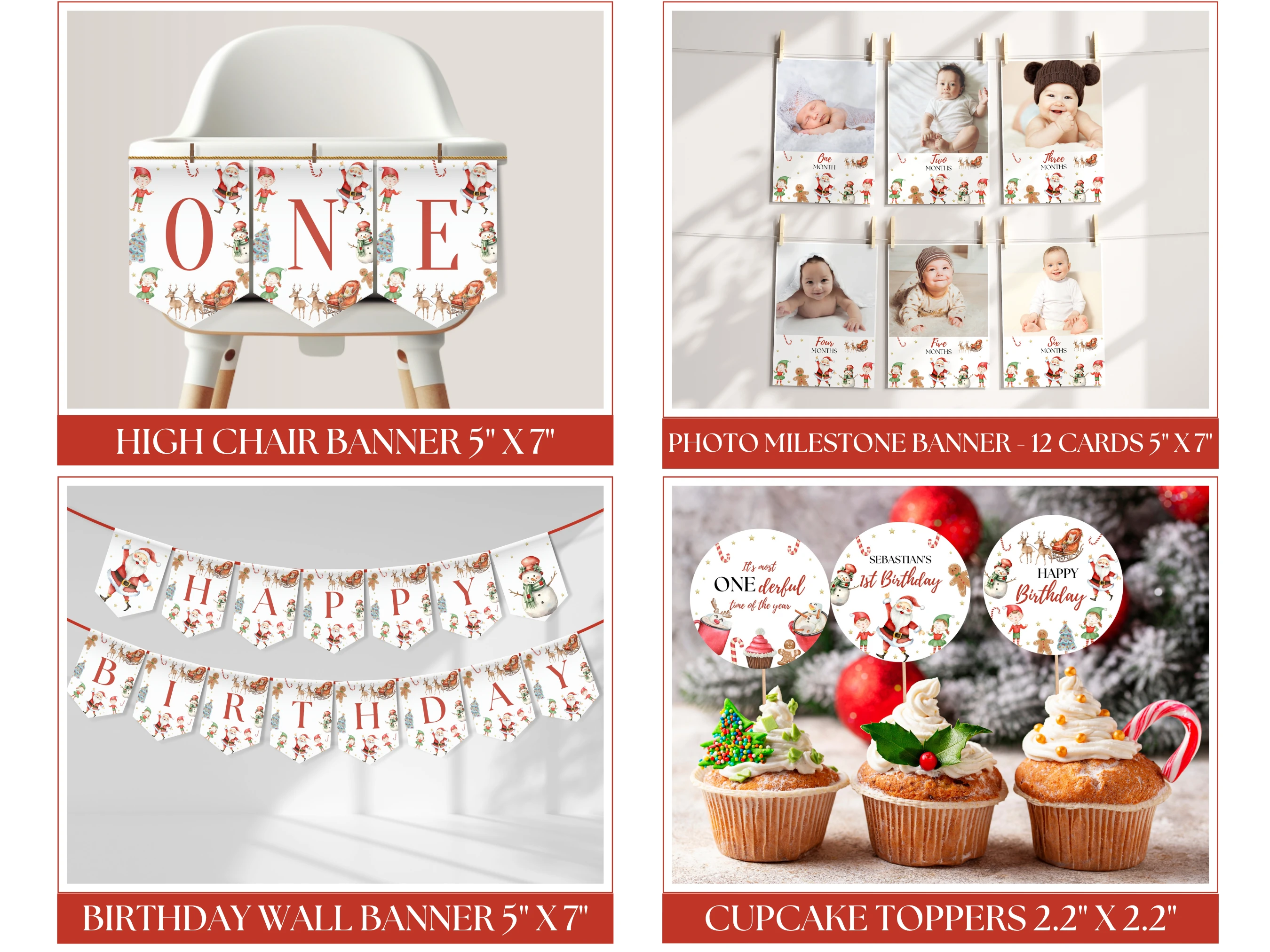 Santa First Birthday Party Bundle | ONEderful Christmas Birthday Decor | Editable Canva Template | Digital Download