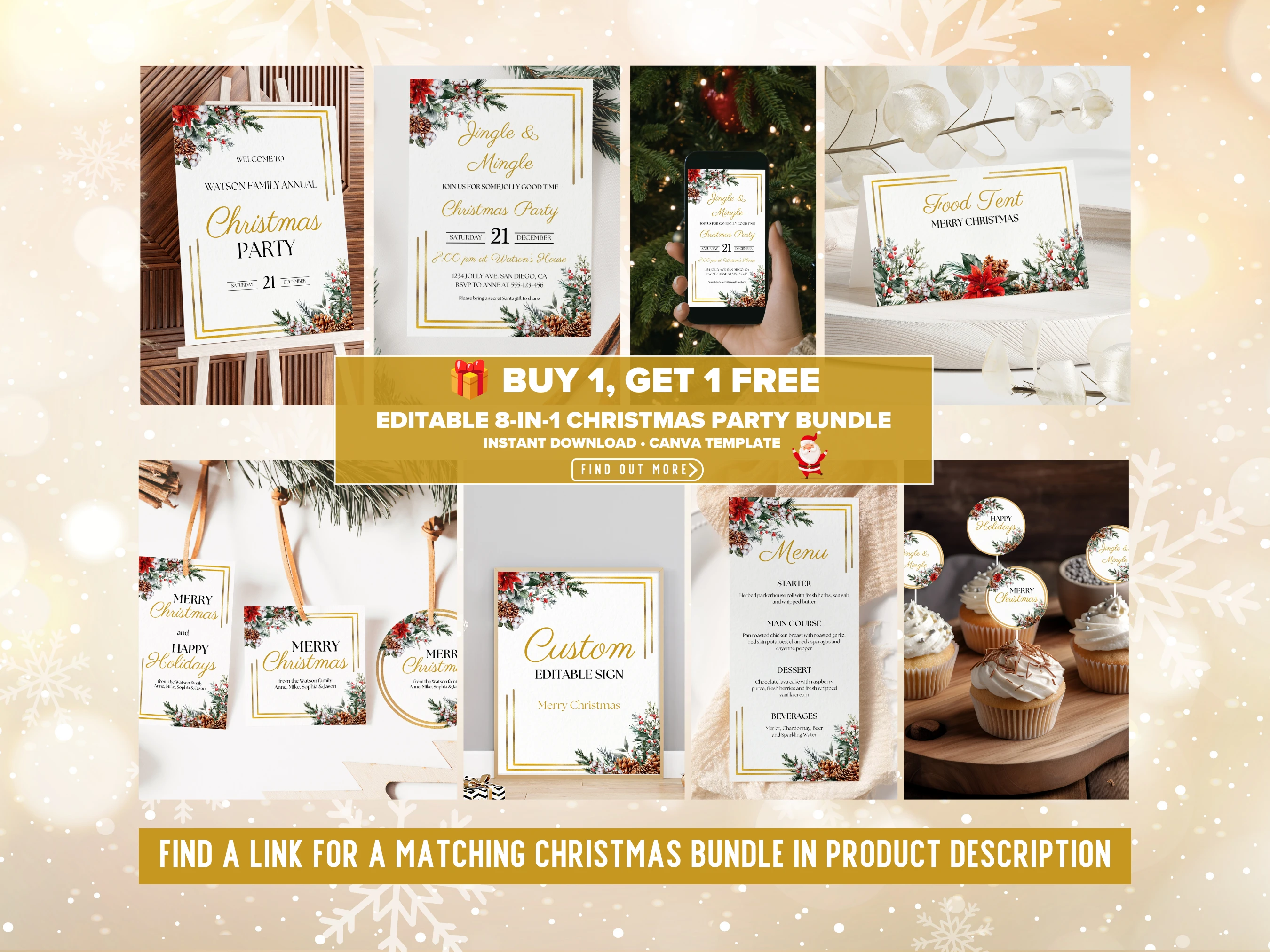 Personalized Christmas Table Sign | 8x10 Golden Frame Holiday Decor | Editable Canva Template | Digital Download