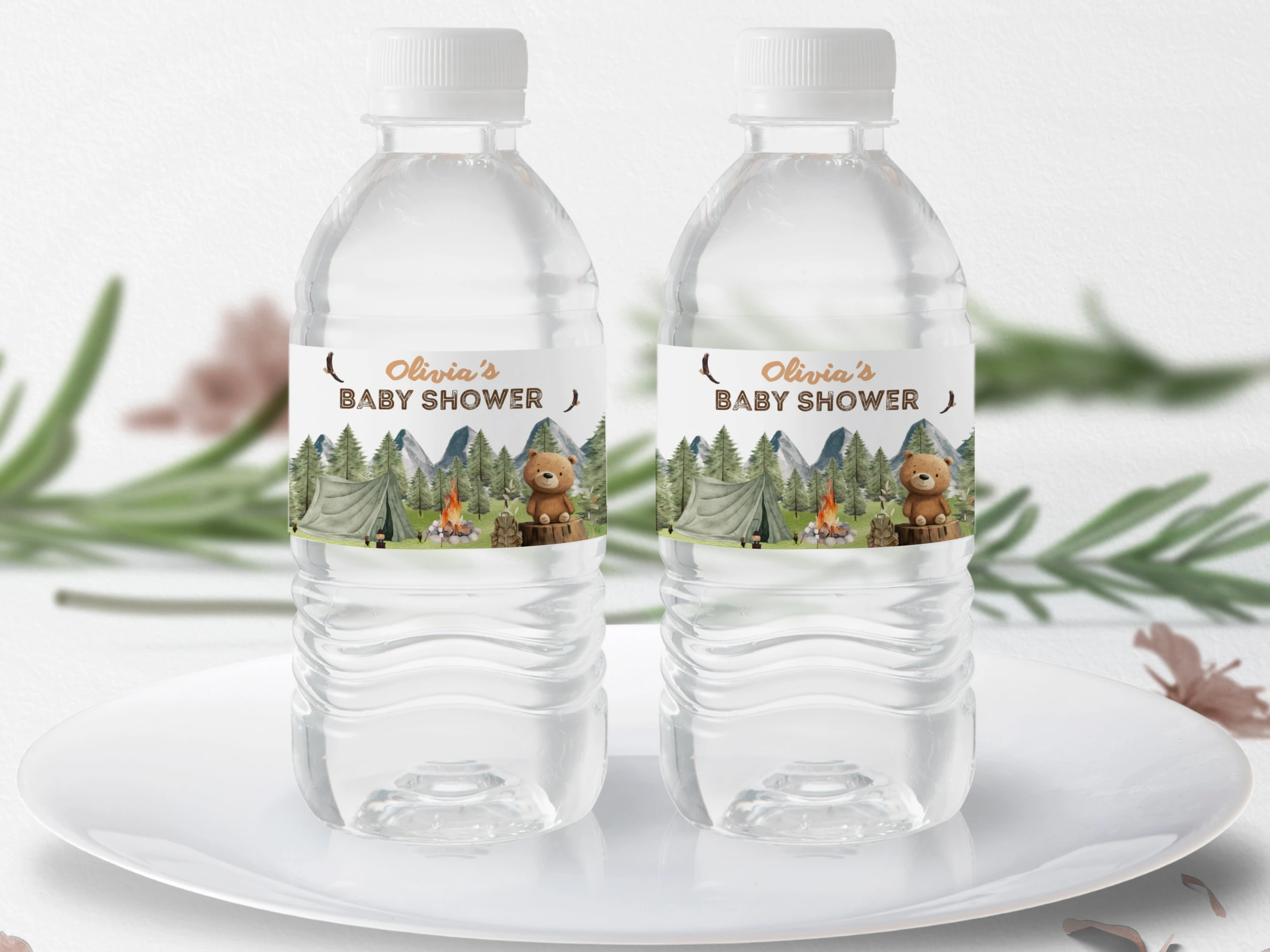 little camper baby shower bottle label, adventure awaits bottle sticker printable, woodland baby shower bottle label, bear theme baby shower drink label, editable bottle label Canva