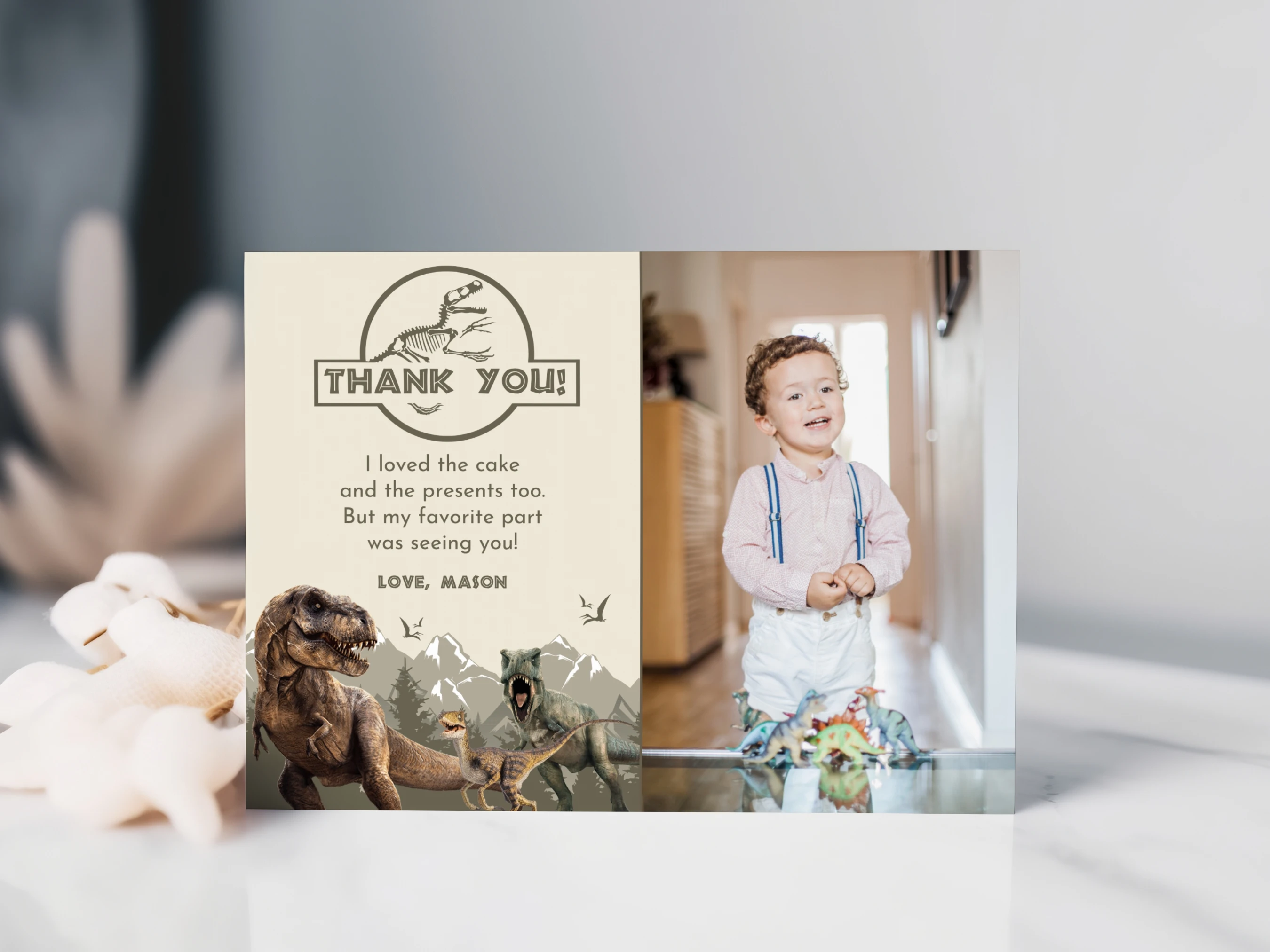 dinosaur thank you card, dino party thank you note, birthday thank you card with photo, jurassic birthday thank you note, printable kids thank you card