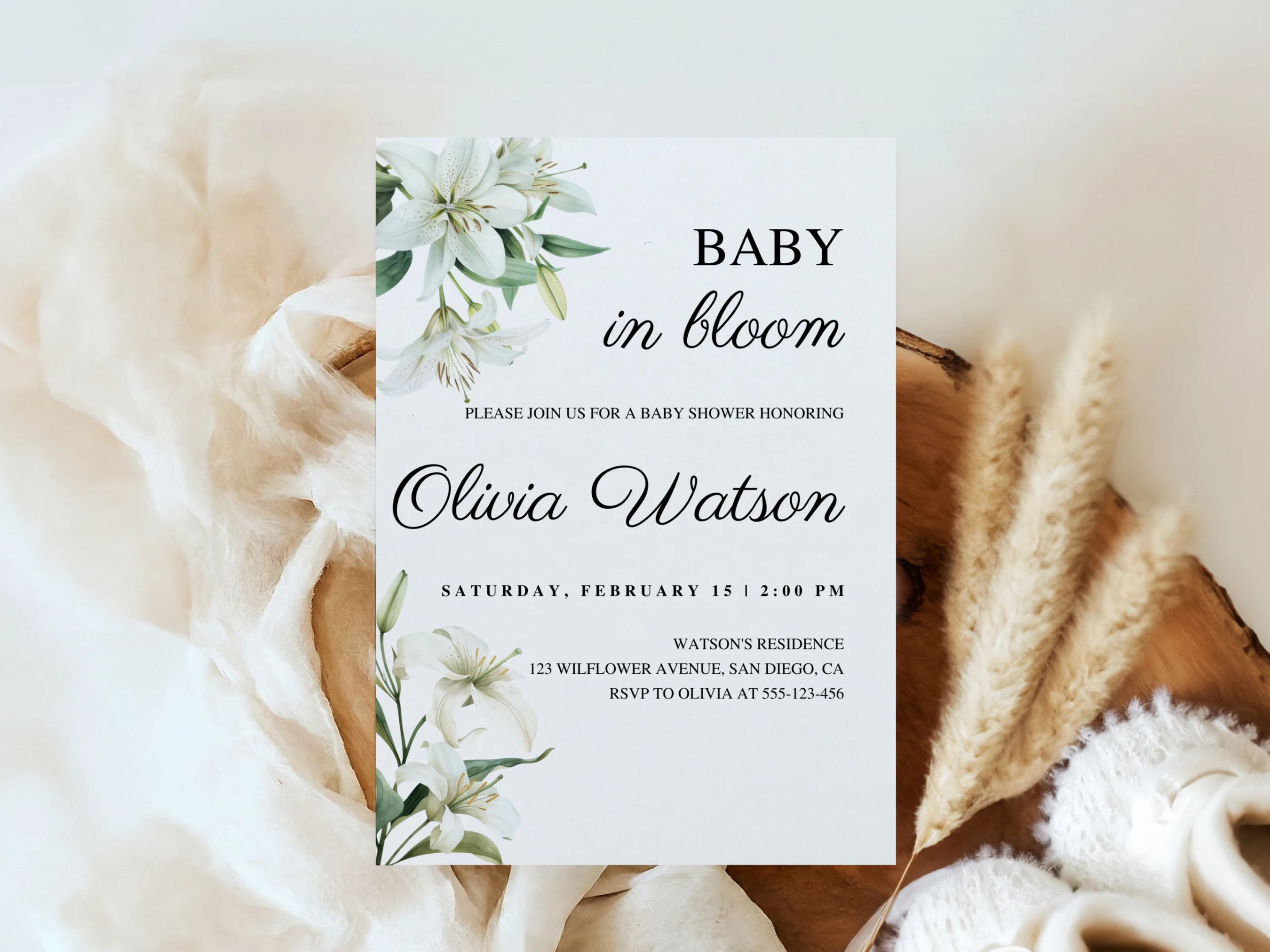 baby in bloom baby shower invitation, greenery baby shower invite, wildflower baby shower invitation template, printable baby shower invite, editable baby shower invitation Canva