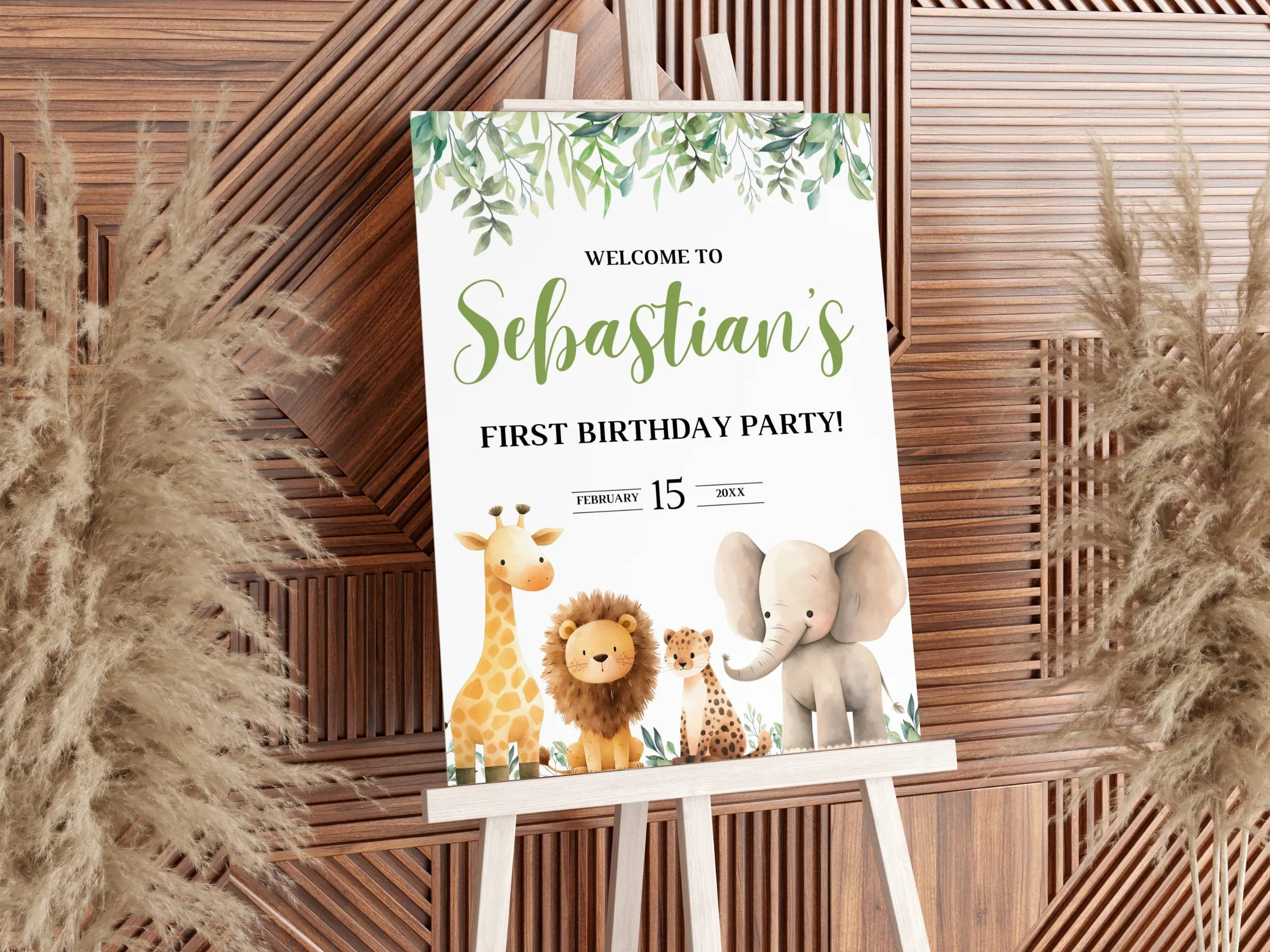 Wild One safari birthday welcome sign with jungle animals, editable Canva template for 1st birthday party entrance board, digital download.