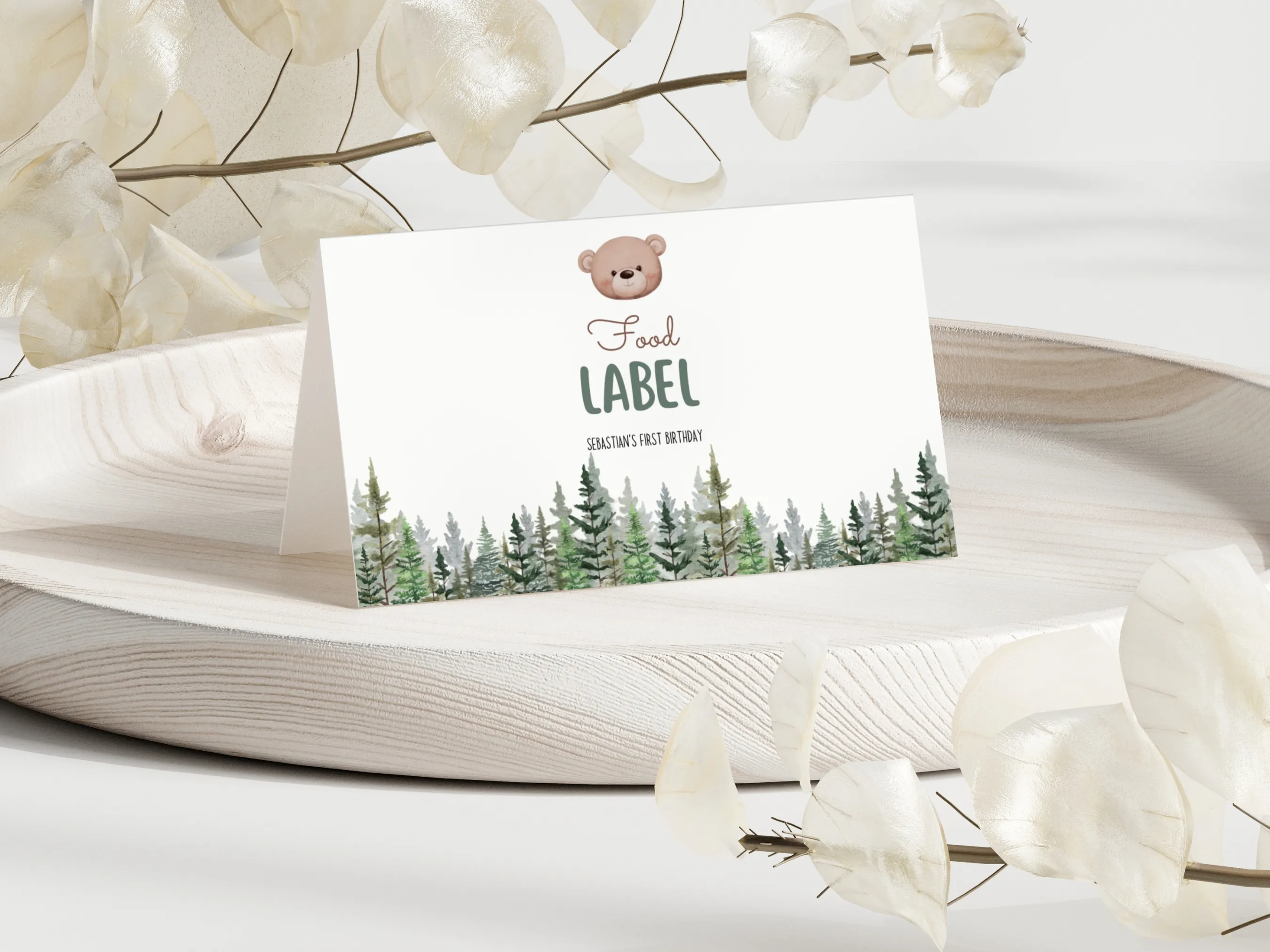 Woodland bear birthday food tent cards with cute brown bear and forest theme, editable table labels and name tags by fllcdesigns