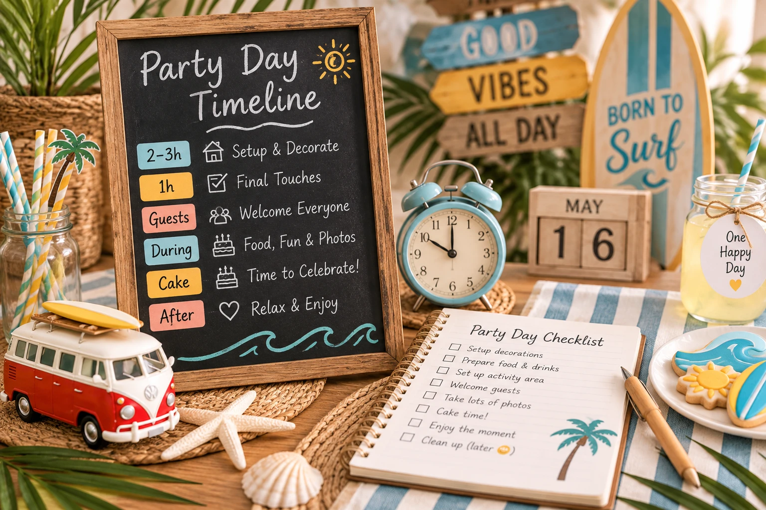 Beach themed first birthday party-day timeline with clock, simple schedule, celebration checklist and coordinated surf decorations