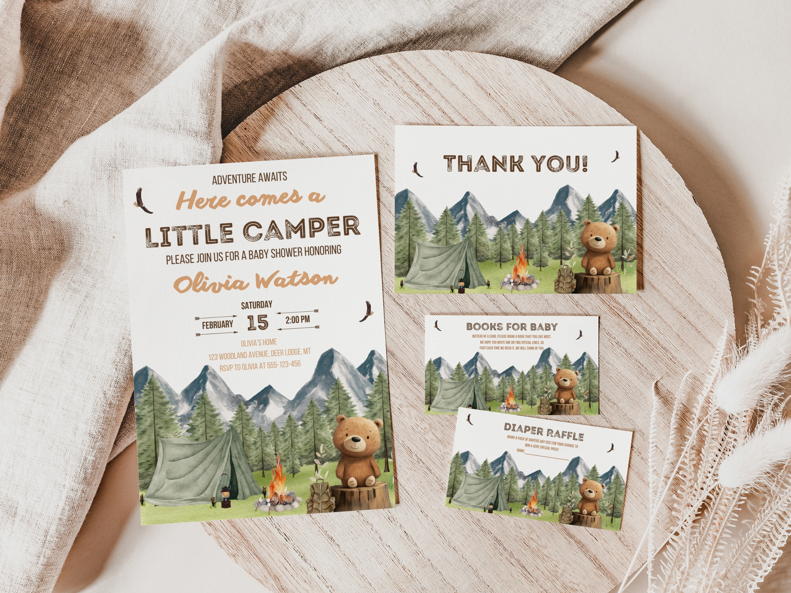 little camper baby shower invitation set woodland bear forest starter pack invite thank you cards diaper raffle books for baby canva template digital download, woodland baby shower invitation bundle