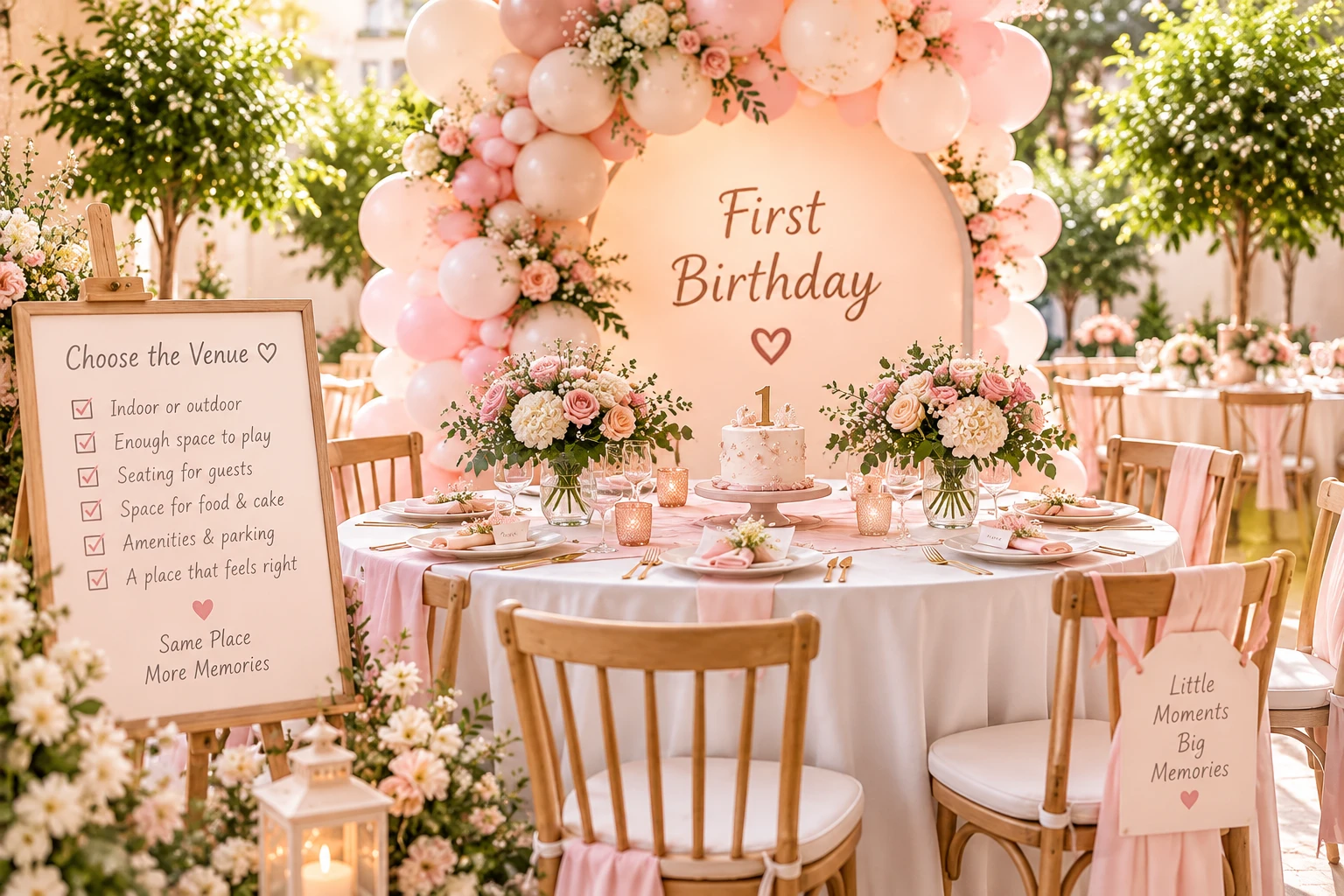 First birthday party venue with blush balloons, floral table setting and venue planning checklist