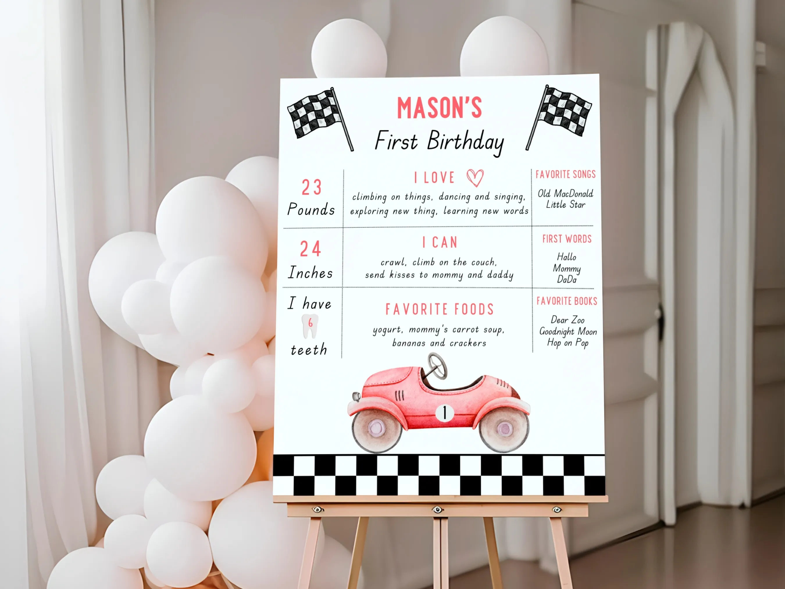 Fast One Birthday Milestone Board | Red Vintage Race Car Milestone Poster | Racing Baby Milestone Sign | 1st Birthday Party | Editable Canva Template | Digital Download