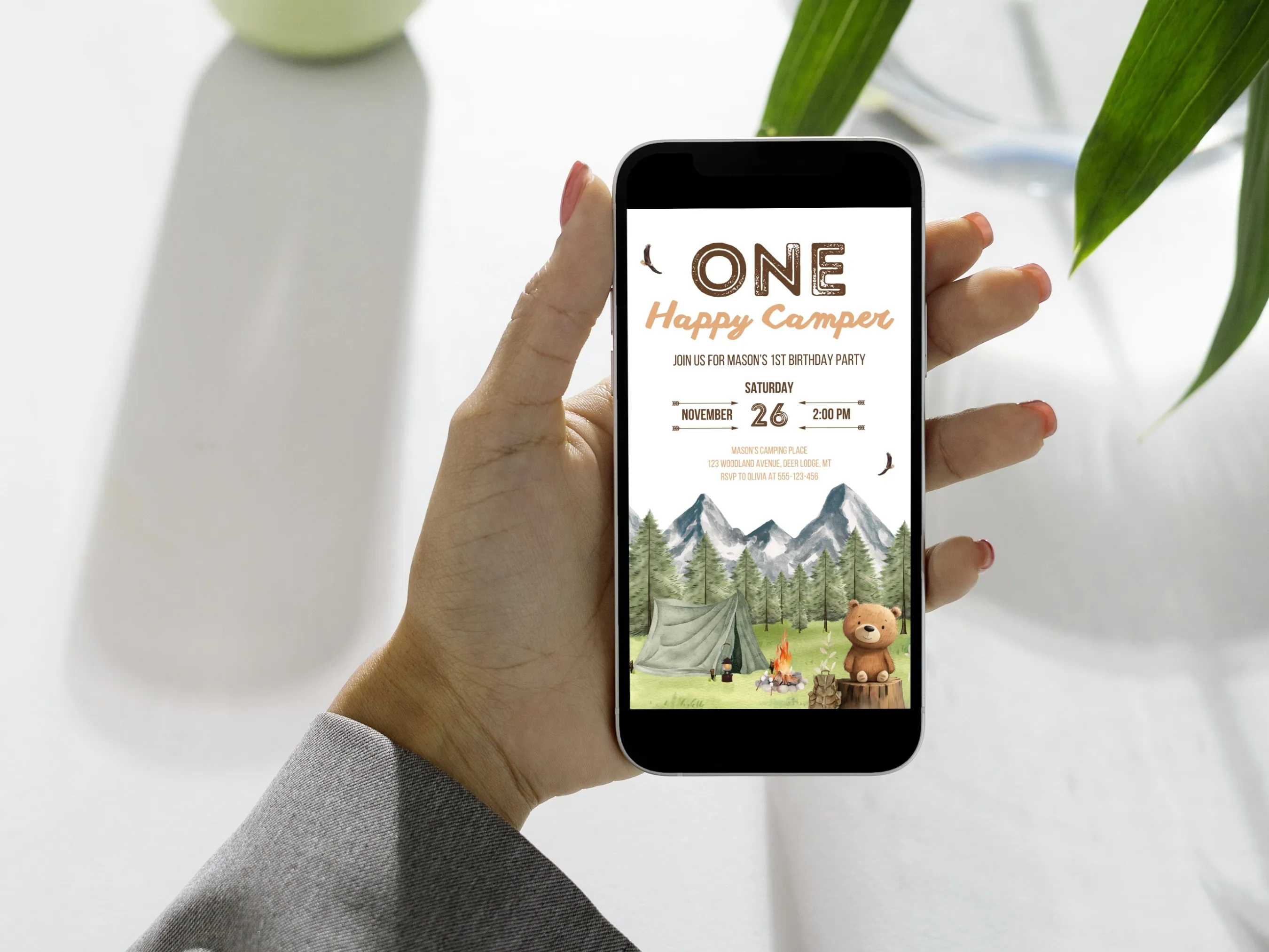 One Happy Camper 1st Birthday Mobile Invitation | Woodland Camping Evite | Editable Canva Template | Digital Download