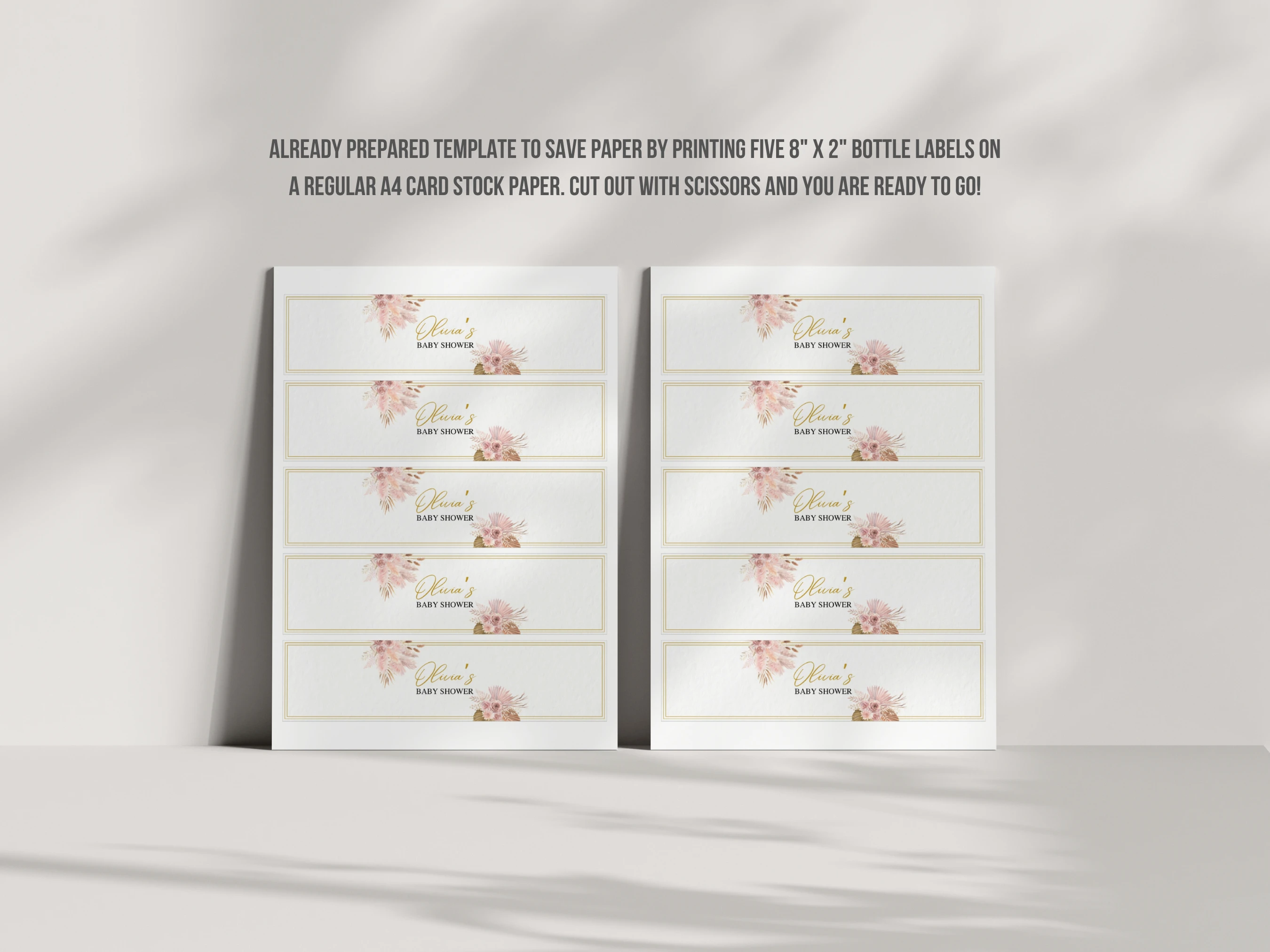 Boho Baby Shower Water Bottle Label | Rose Gold Pampas Grass Bottle Sticker | Editable Canva Template | Digital Download