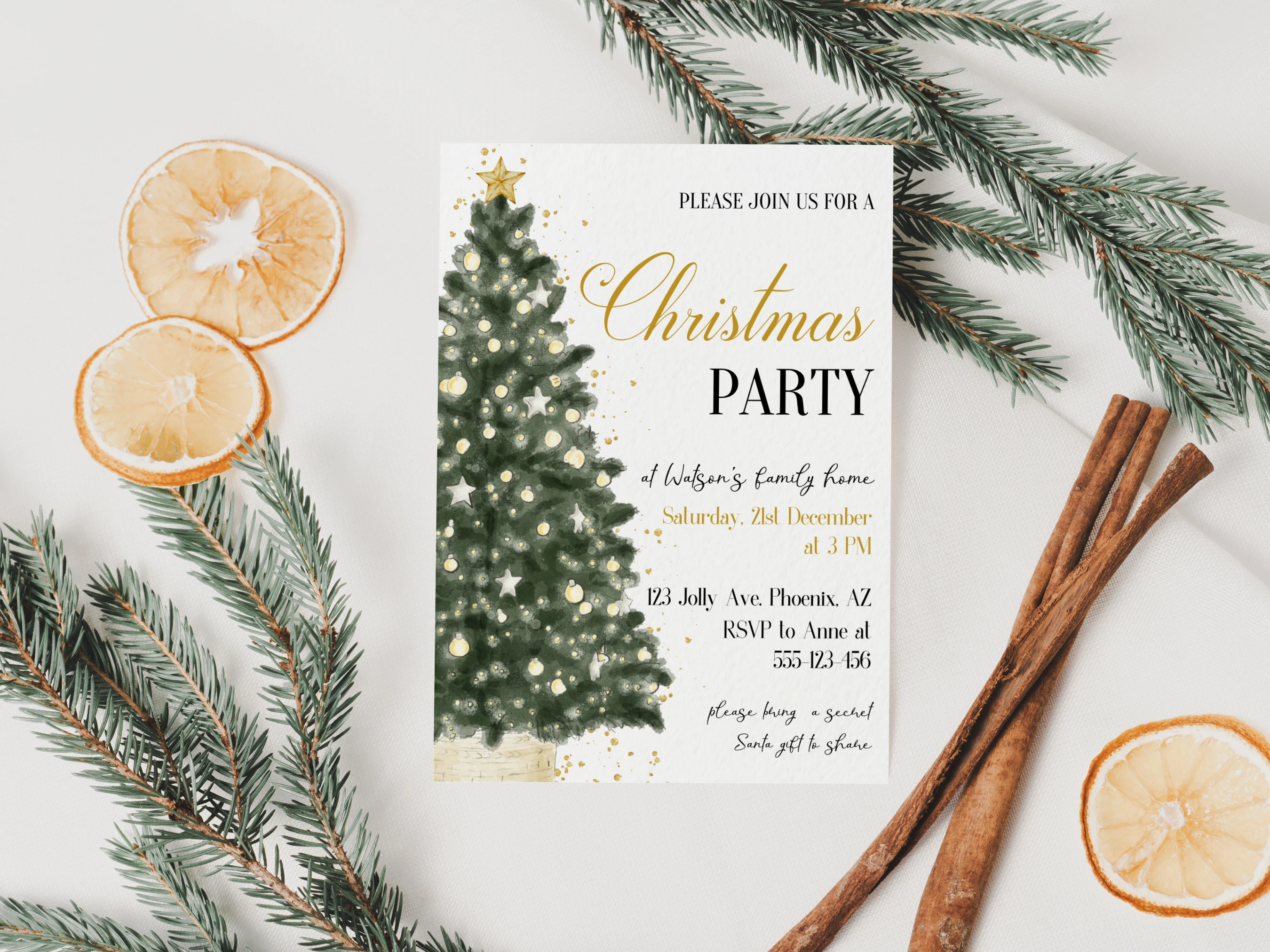 Green and Gold Christmas Tree party invitation with elegant evergreen tree and golden glitter details, editable 5 × 7 inch Canva Christmas dinner party template