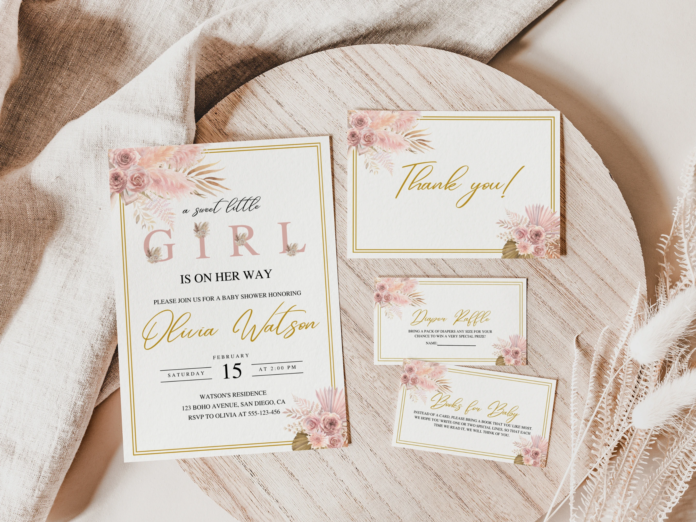 boho baby shower invitation set pampas grass rose gold starter pack baby girl invite thank you cards diaper raffle books for baby canva template digital download, pampas grass