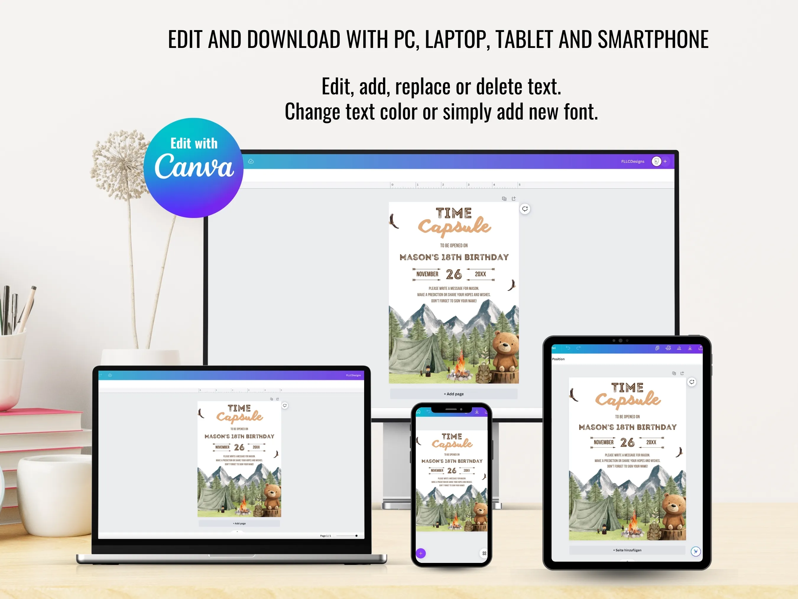 One Happy Camper Birthday Time Capsule Sign & Wishes Card | Woodland Bear 1st Birthday Guest Book | Editable Canva Template | Digital Download