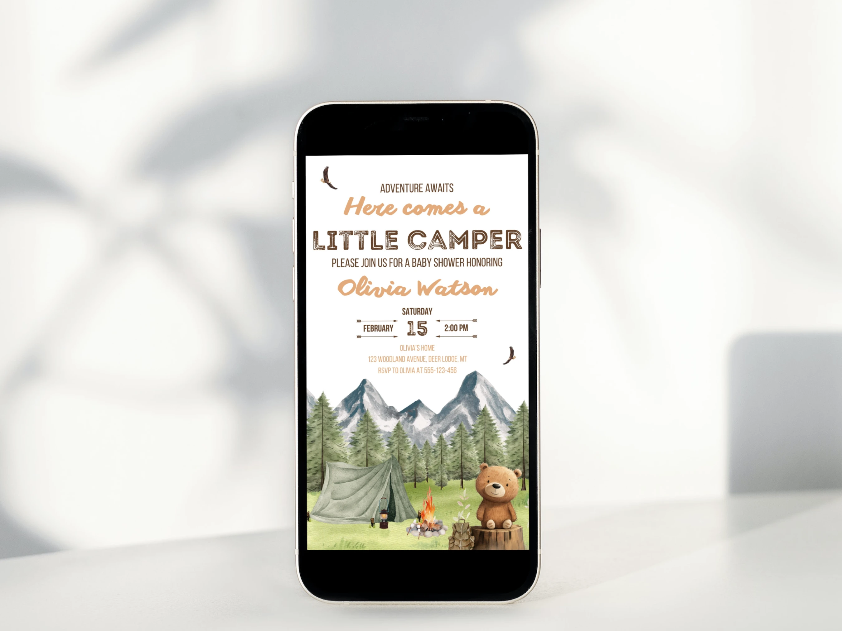 little camper baby shower mobile invitation, woodland camping baby shower digital invite, adventure awaits baby shower invitation template, printable baby shower invite, editable baby shower invitation Canva