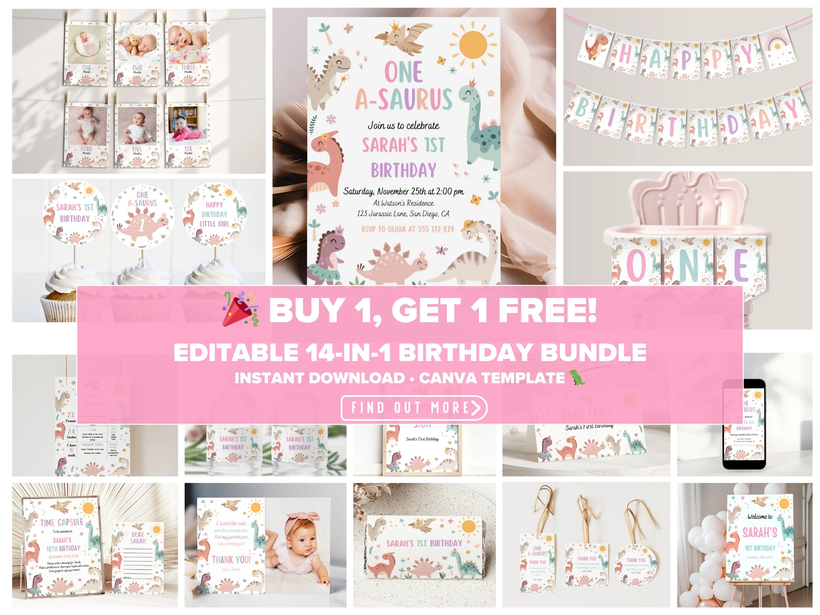 Pink dinosaur birthday party bundle — cute dino theme editable Canva templates for invitations, signs & decorations (digital download)