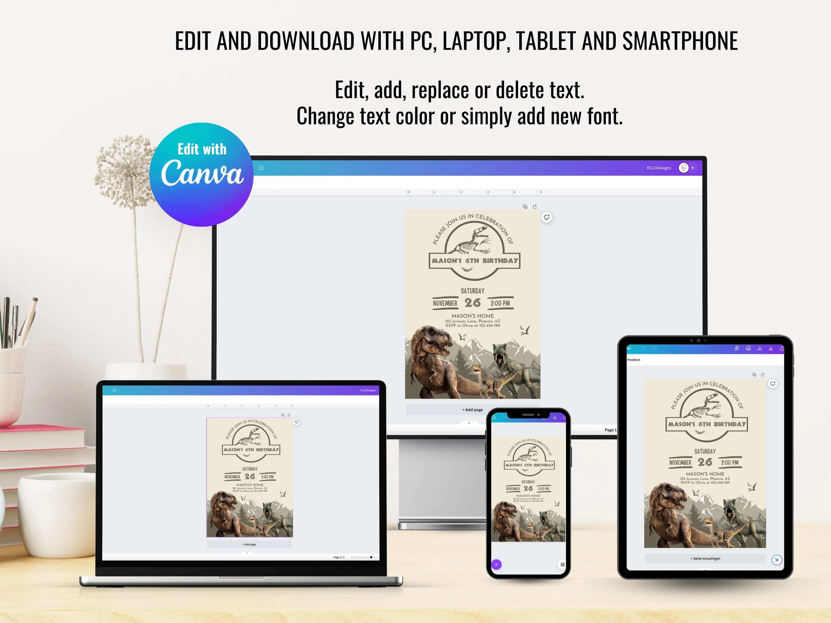 Jurassic Birthday Invitation Bundle | Dinosaur Birthday Decorations Party Pack | Editable Canva Template | Digital Download