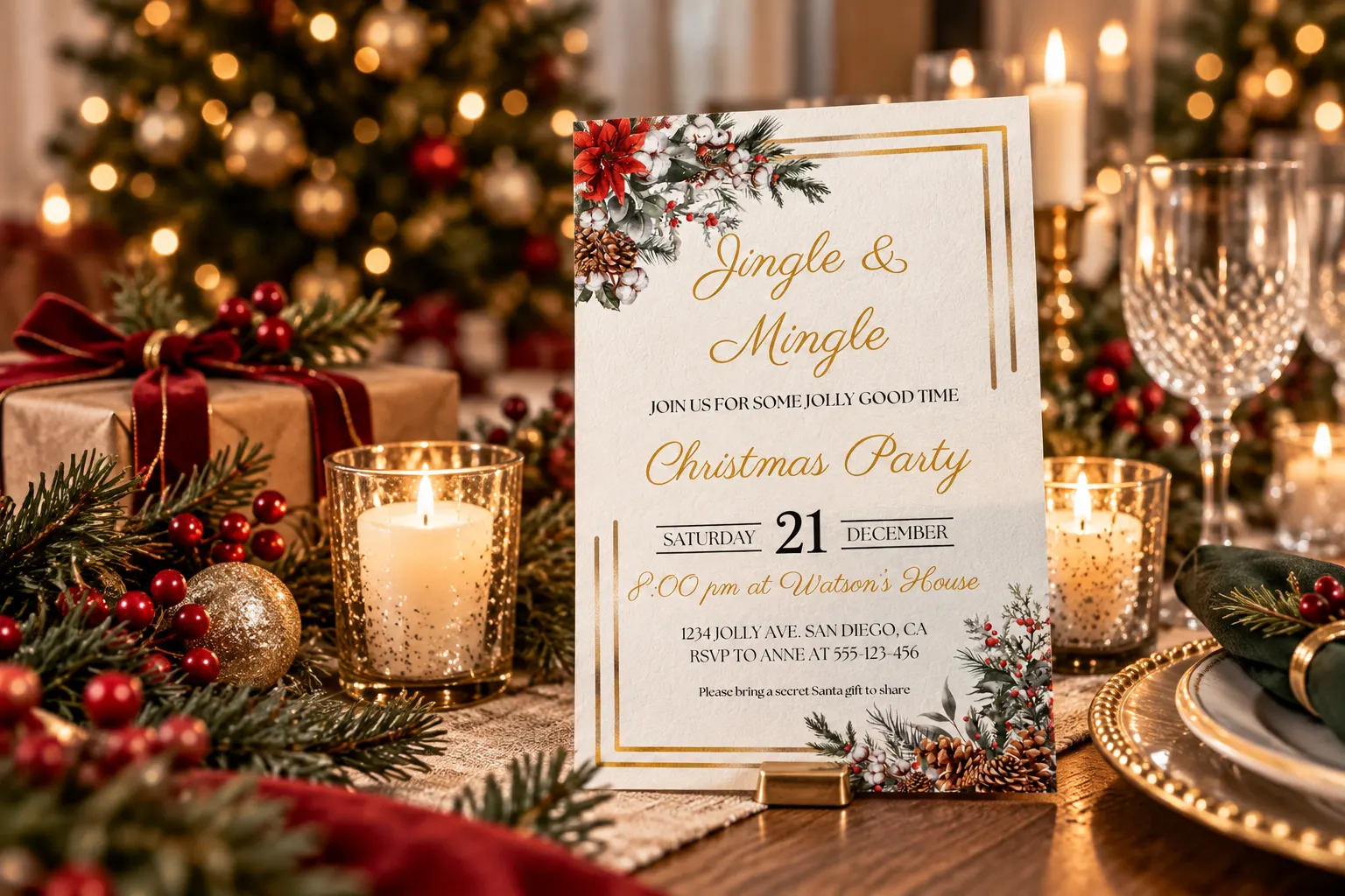 Elegant Christmas party invitation displayed in a festive candlelit table setting