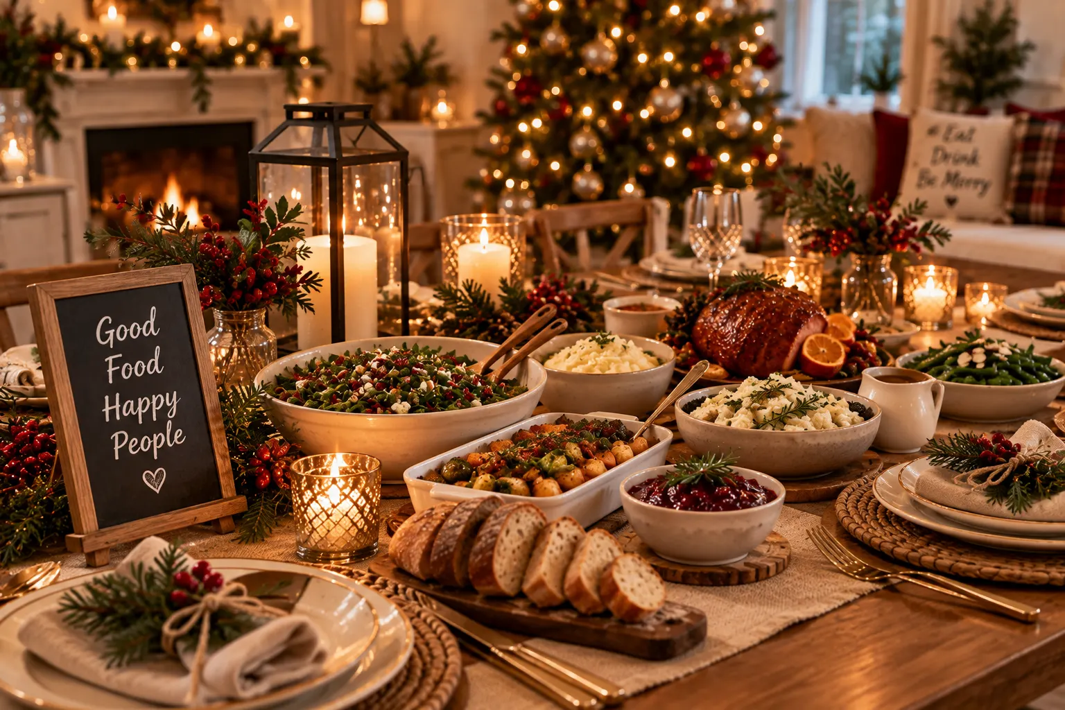 Relaxed informal Christmas dinner buffet with festive food, candles, greenery and warm home decor