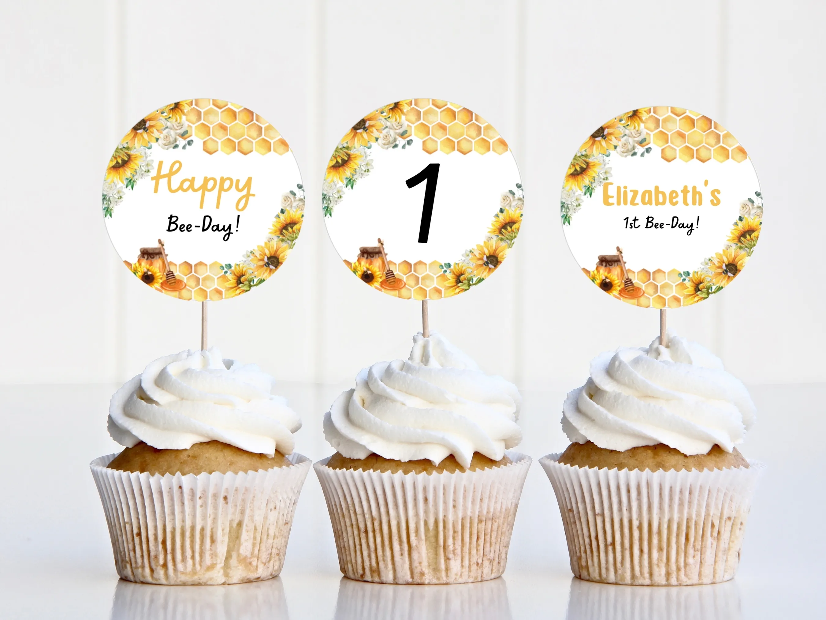 First Bee Day cupcake toppers with sunflower and honey bee design, editable birthday toppers by fllcdesigns