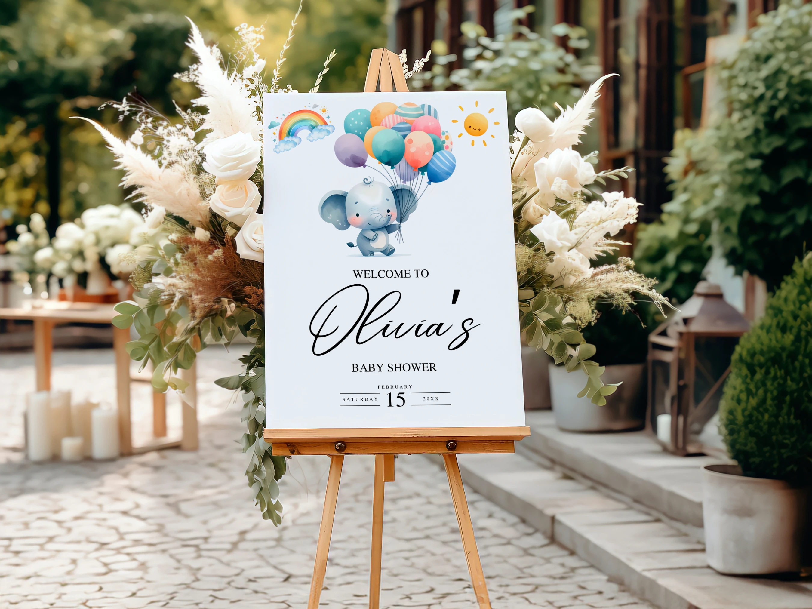 Elephant Baby Shower Welcome Sign | Little Peanut Balloon Rainbow Welcome Board | Editable Canva Template | Digital Download