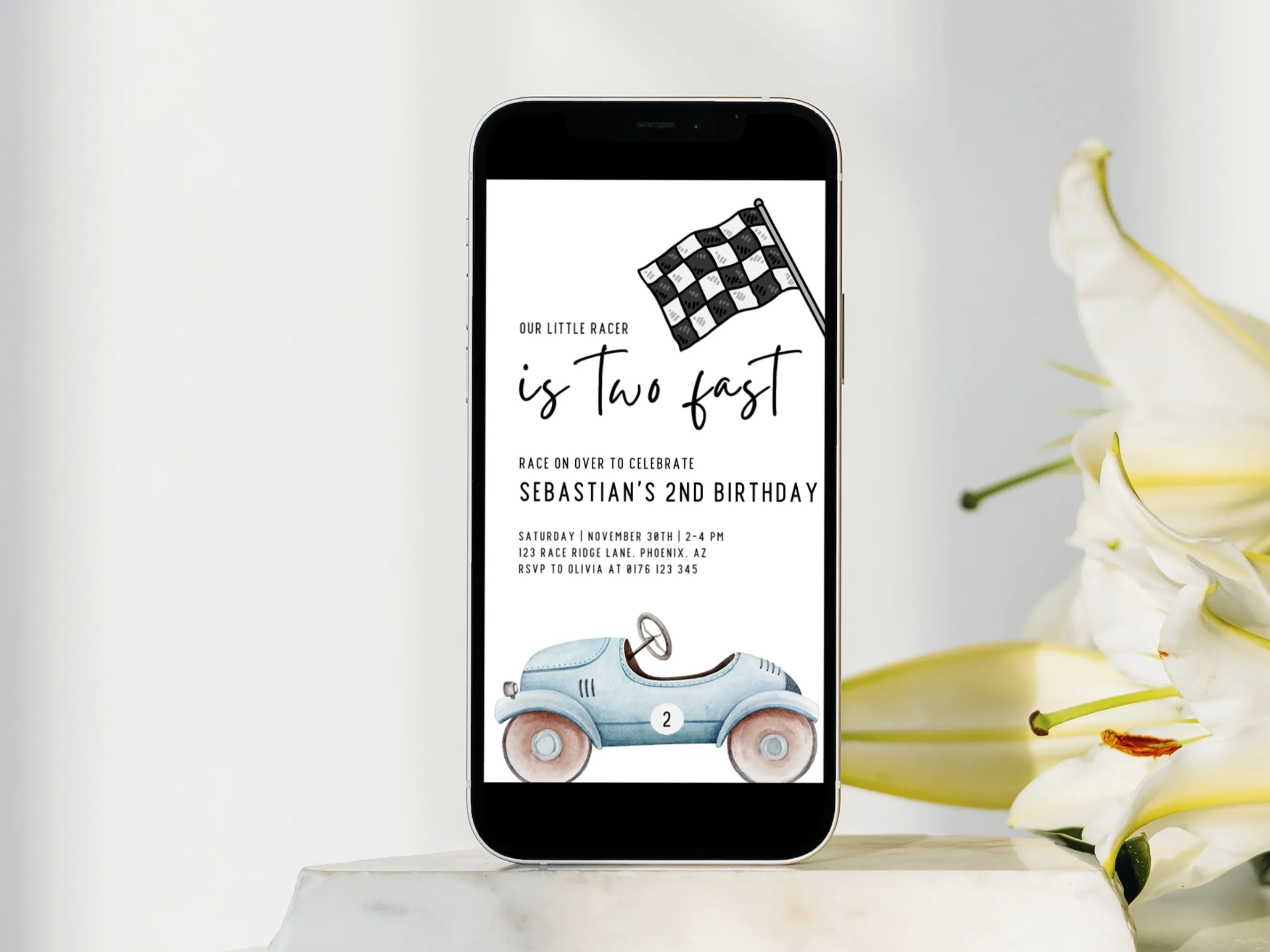 Two Fast birthday evite with vintage race car mobile invitation design, Fast One racing theme, editable Canva template, digital download.