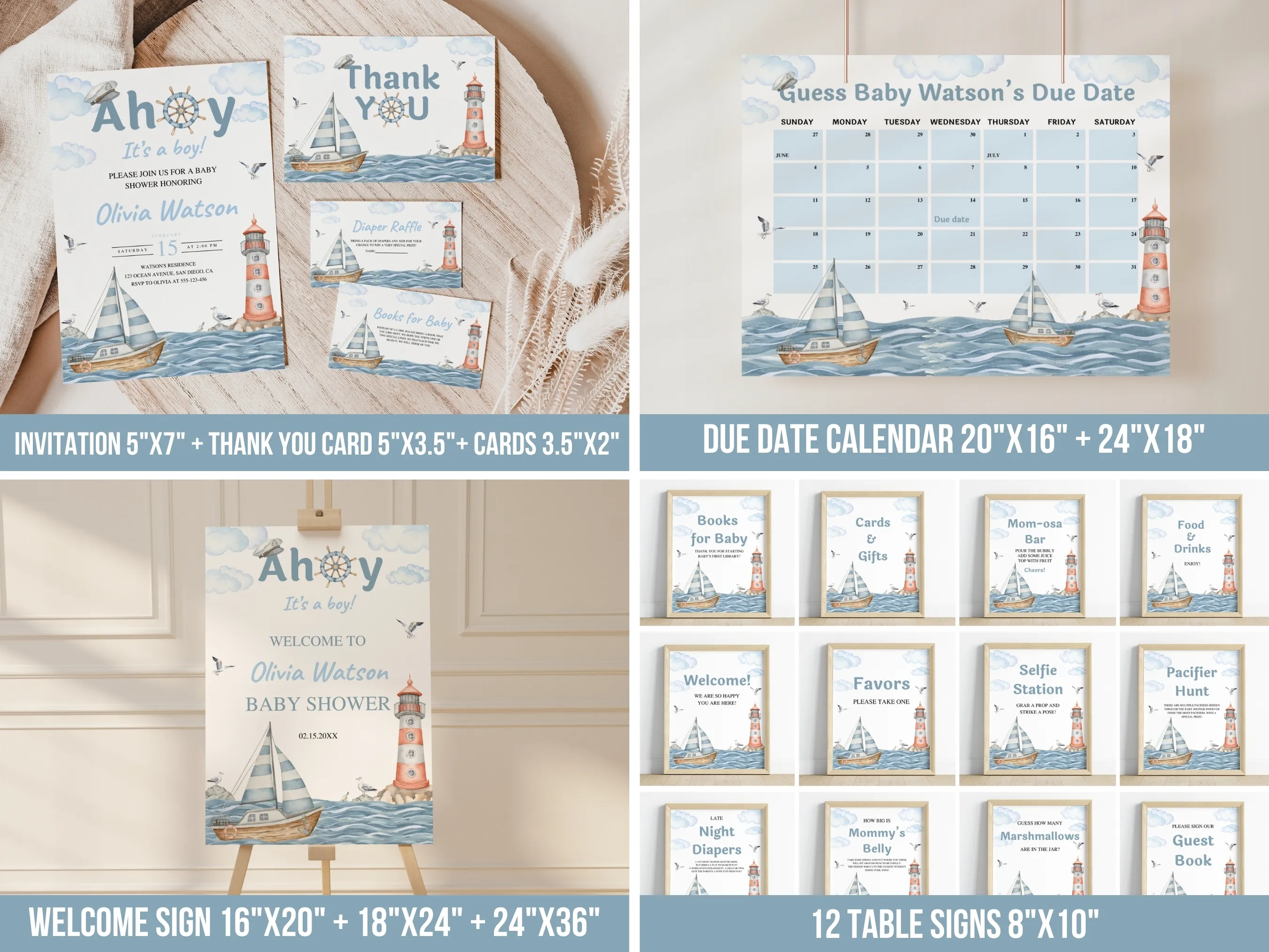 Ahoy Its a Boy Baby Shower Bundle | Nautical Baby Shower Invitation | Ocean Baby Shower Games | Nautical Theme Party Favors, Sailboat Invite