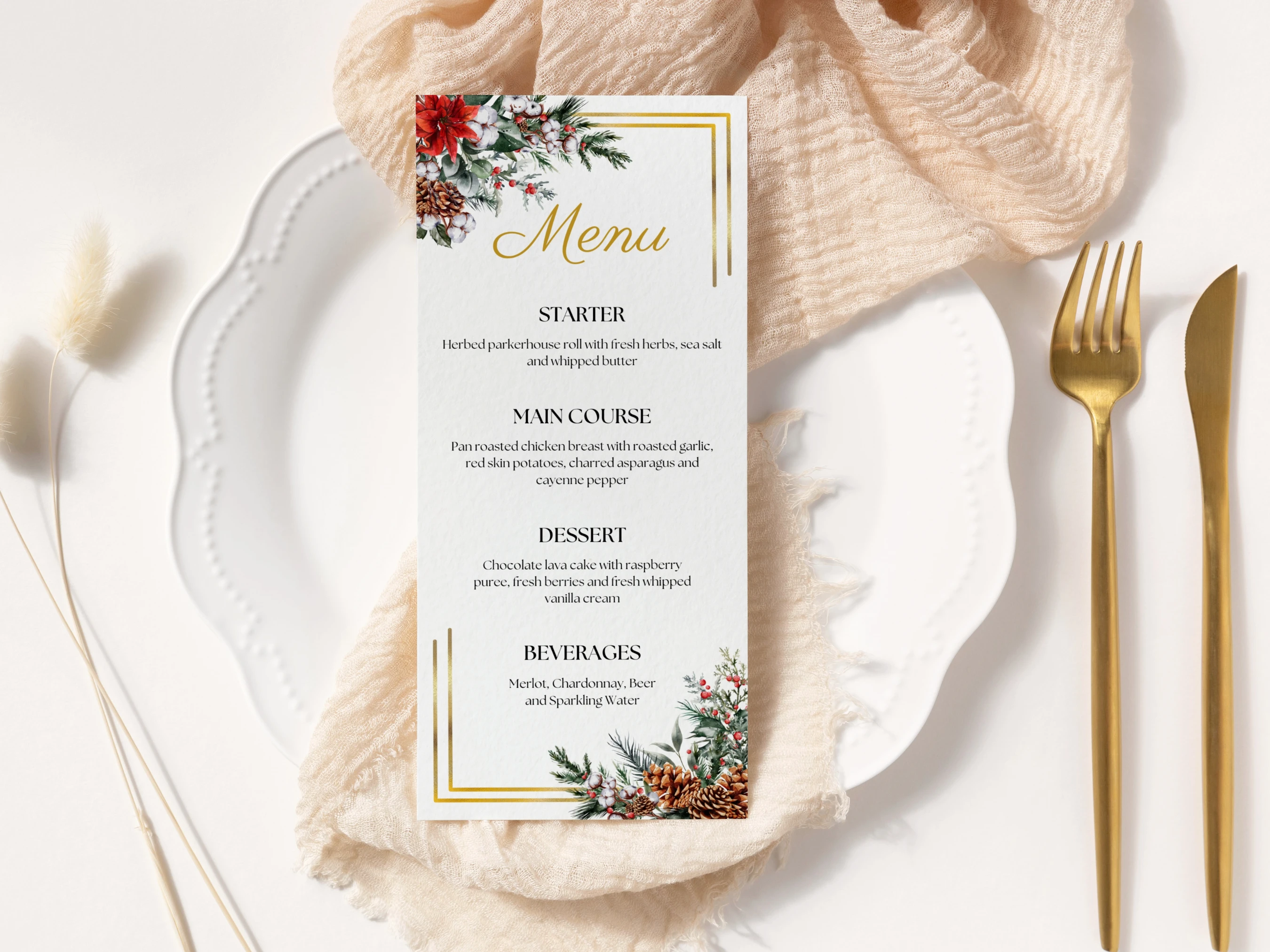 Elegant 4x9 Christmas dinner menu with golden frame, festive evergreen branches, red berries, pinecones and editable starter, main course, dessert and beverage sections
