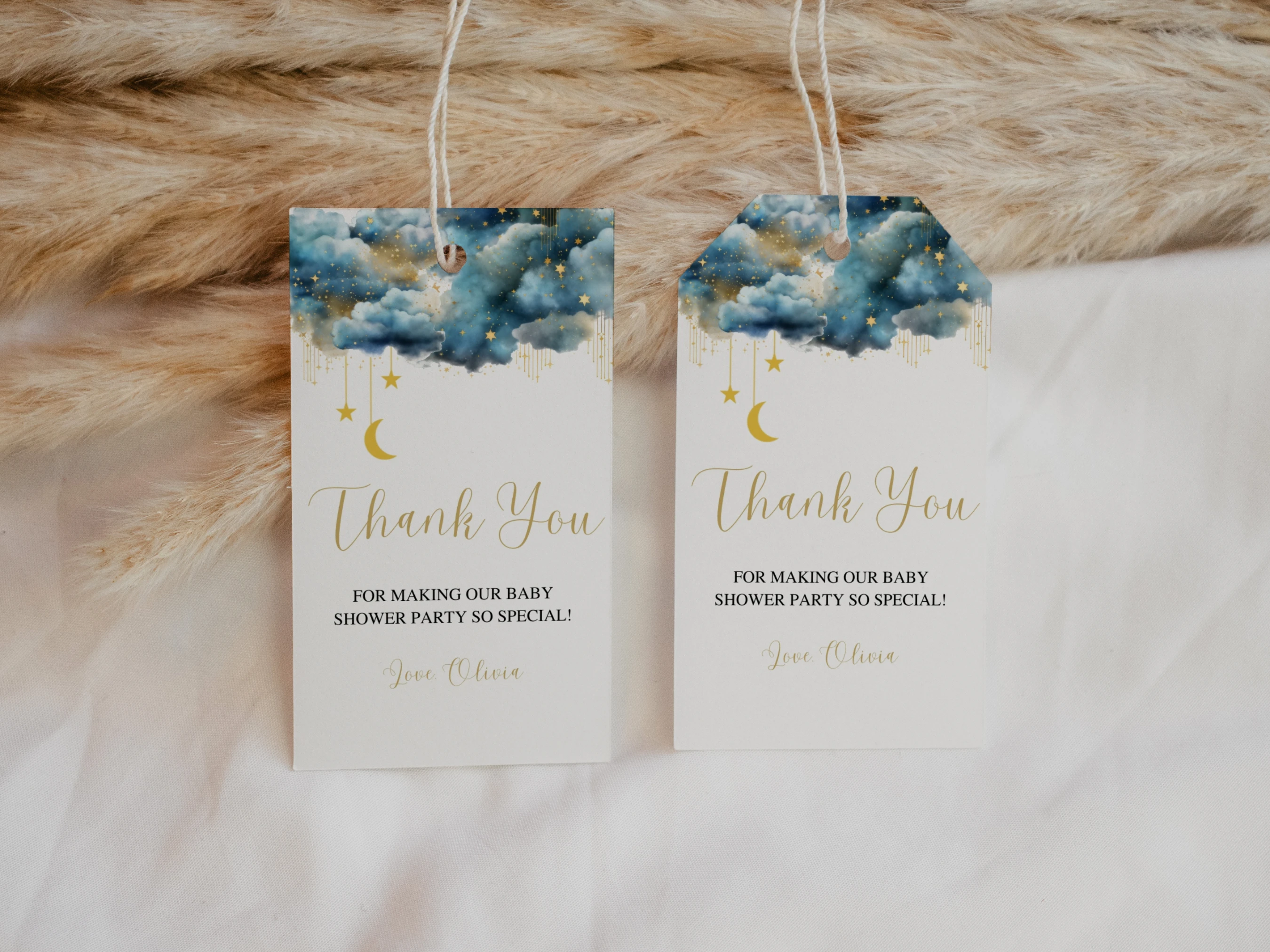 Twinkle Little Star Baby Shower Thank You Tags |  Over The Moon Blue And Gold Favor Tags | Editable Canva Template | Digital Download
