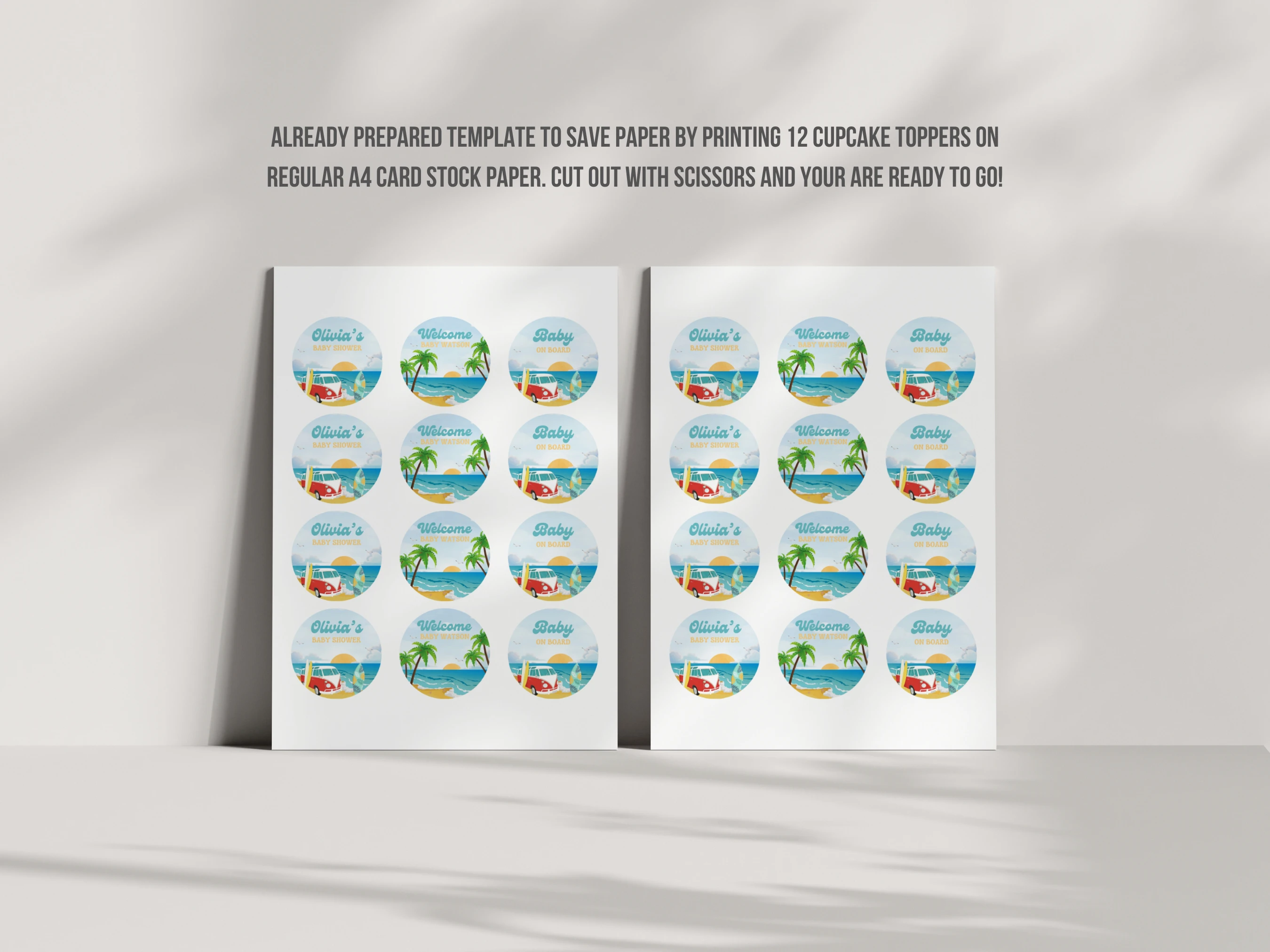 Surf Baby Shower Cupcake Toppers | Baby On Board Ocean Tropical Cake Topper | Editable Canva Template | Digital Download