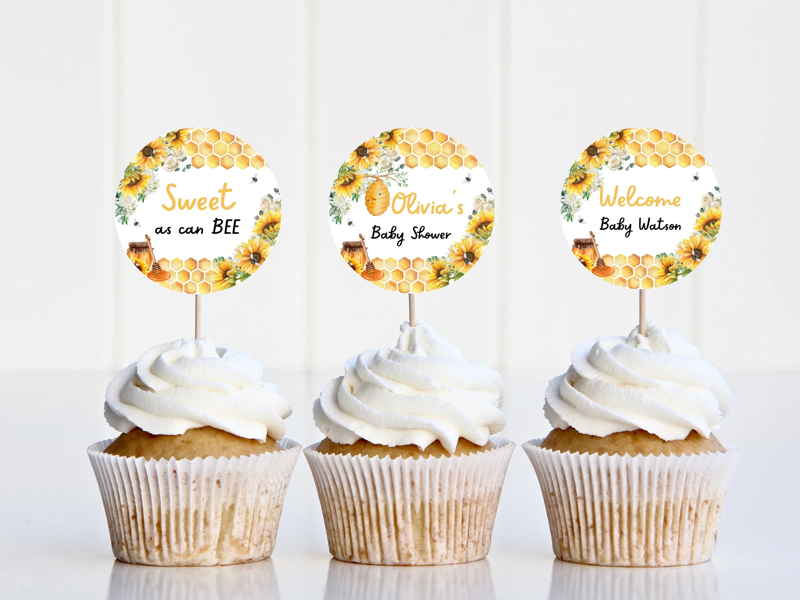 Sunflower Honey Bee Baby Shower Cupcake Toppers | Bumble Bee Cake Topper | Editable Canva Template | Digital Download