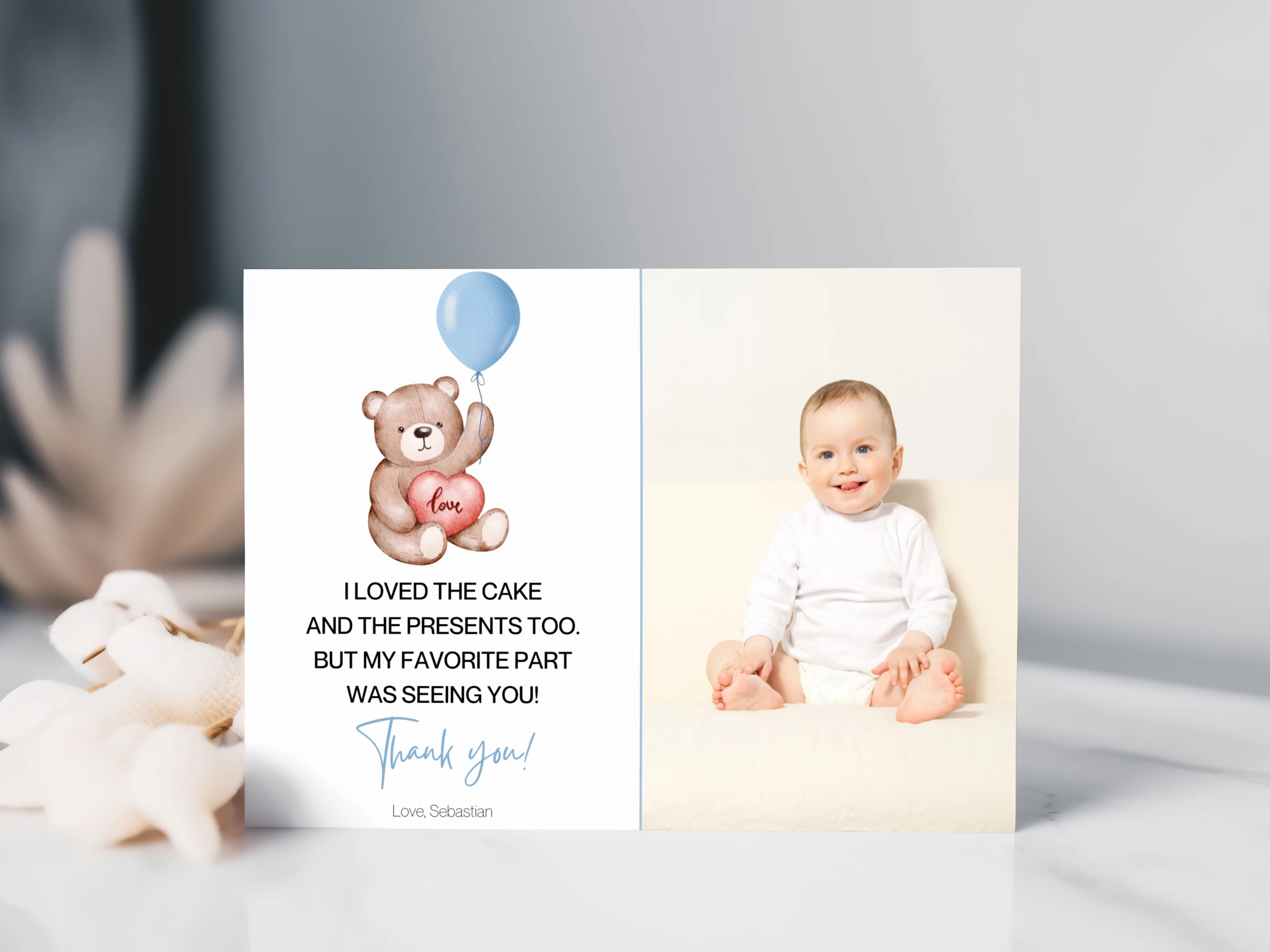 teddy bear birthday thank you card, beary first thank you note, birthday thank you card with photo, first birthday thank you note, printable kids thank you card